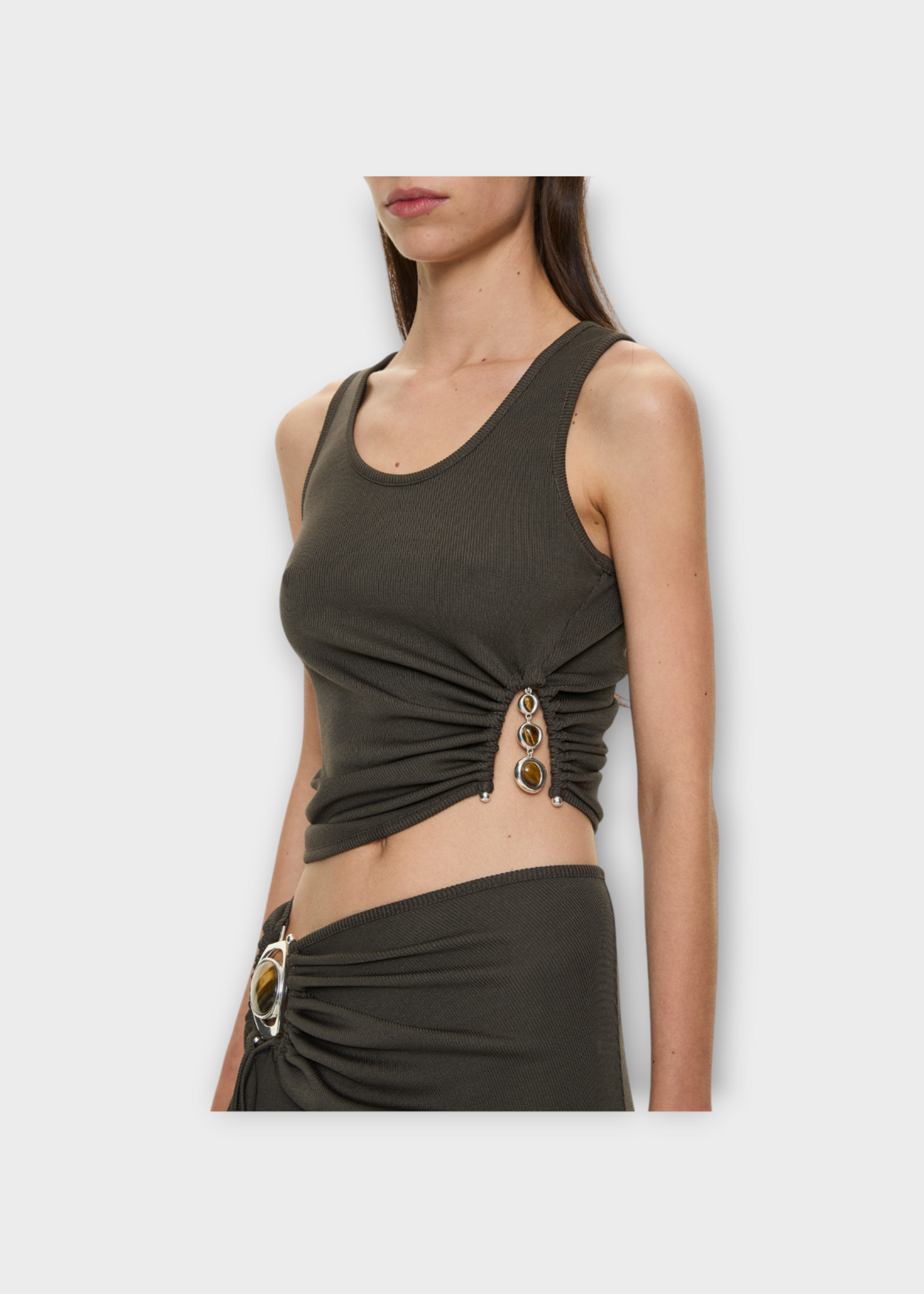 Christopher Esber Christopher Esber Top, Brown, Droplet Crystal Ruched Tank Top In Husk