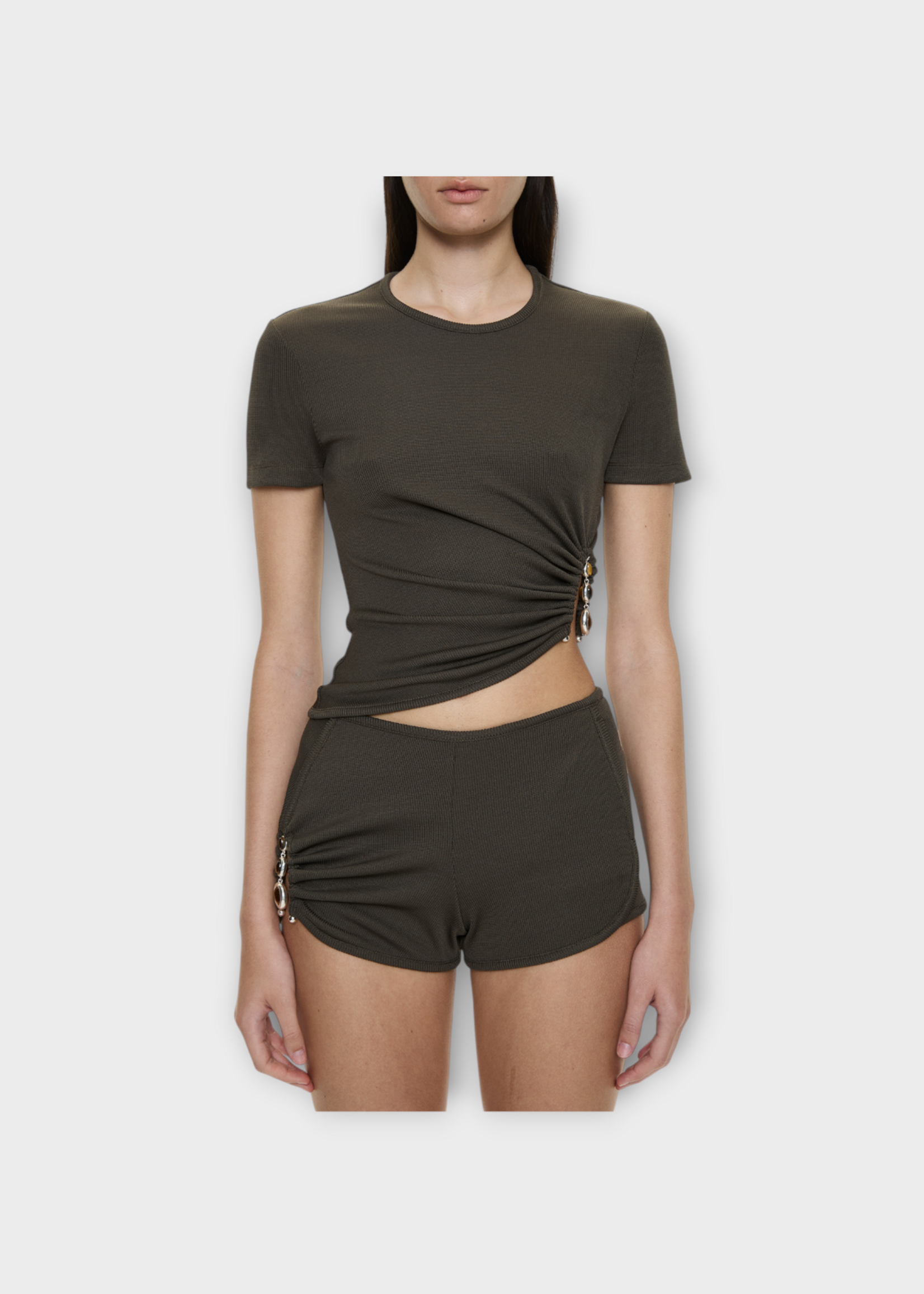 Christopher Esber Christopher Esber Shorts, Brown, Droplet Crystal Mid Rise Track Mini Shorts In Husk
