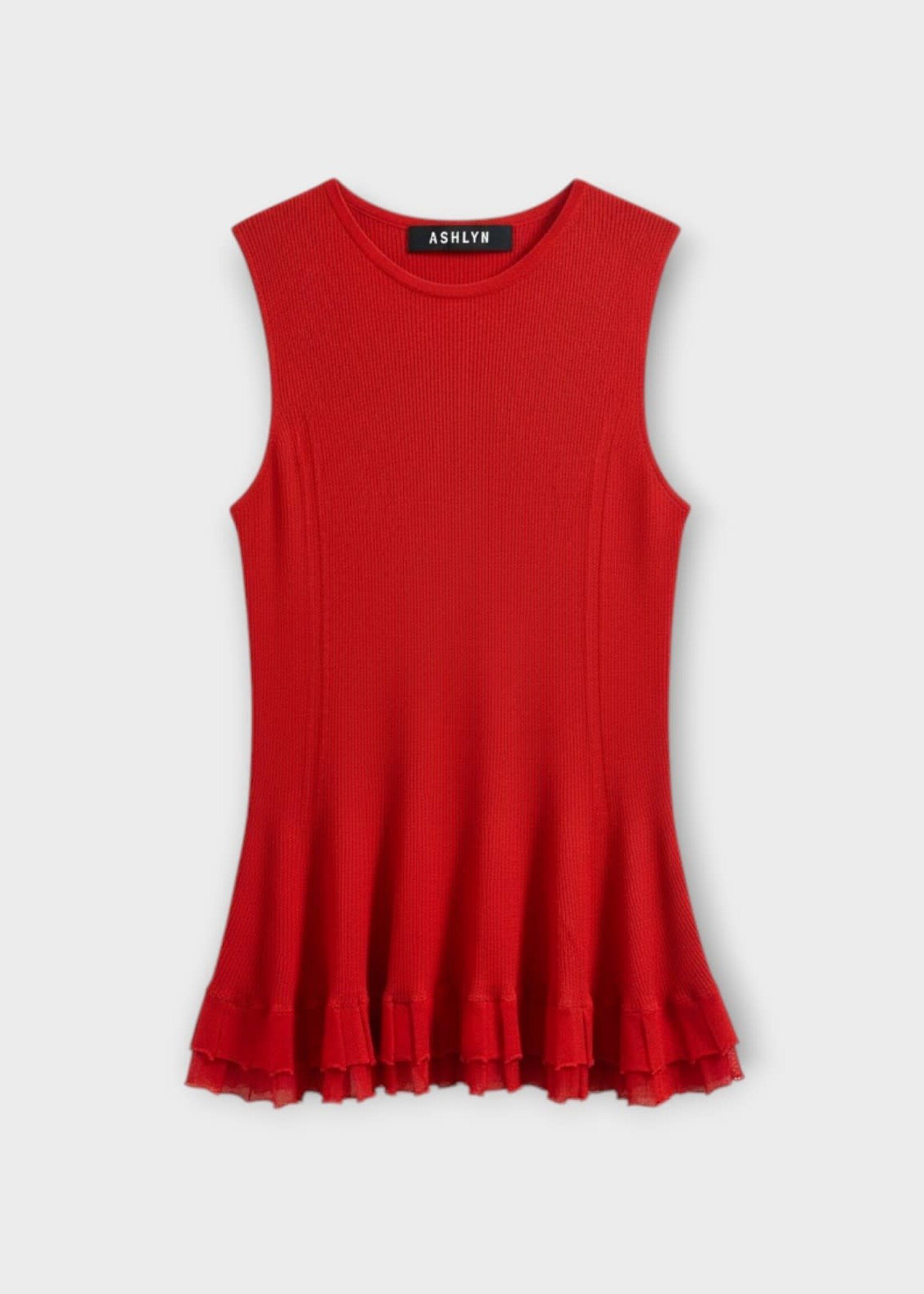Ashlyn Ashlyn Top, Red, Bennett Crew Neck Sleeveless Peplum Top In Red w/ Ruffles