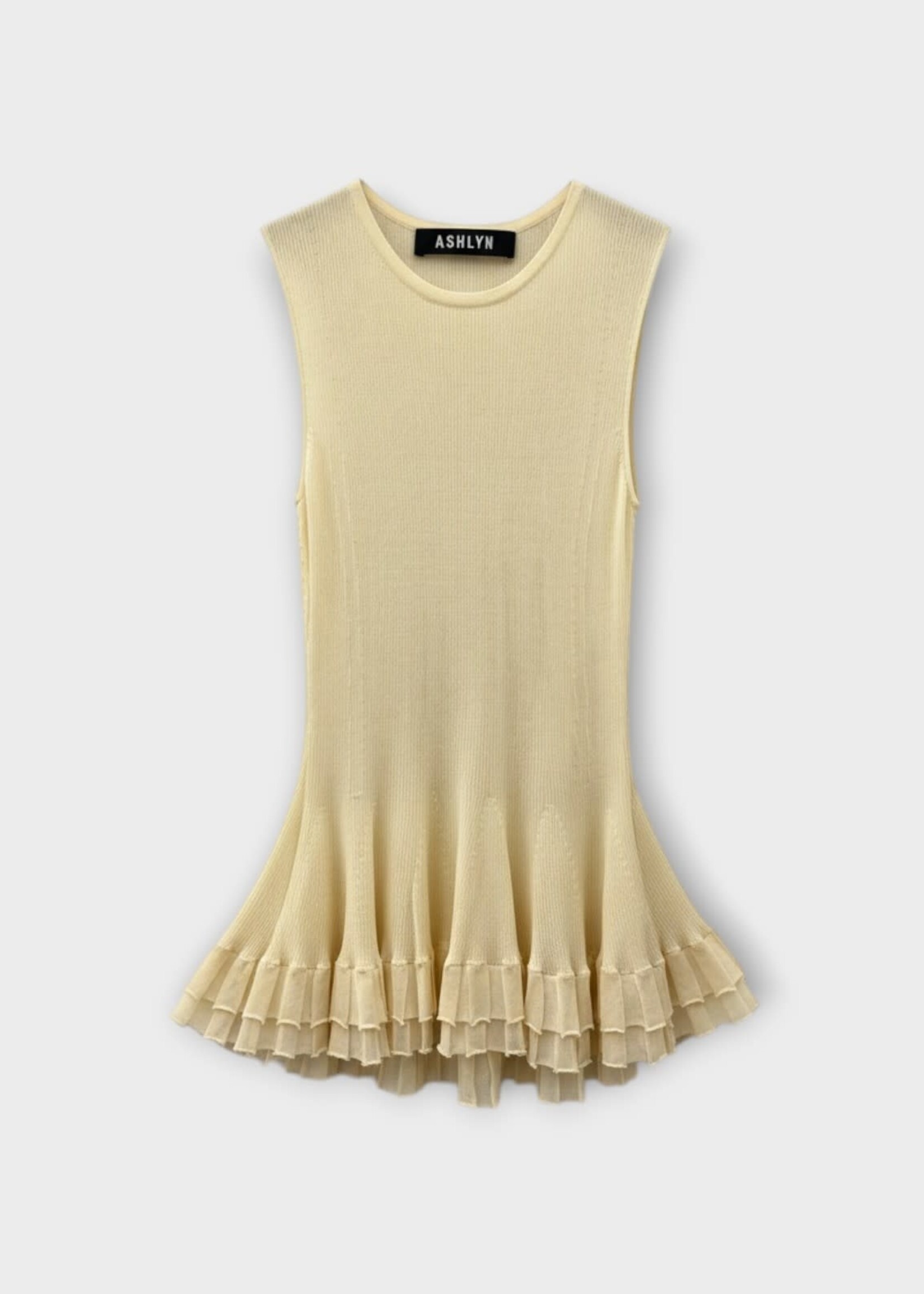Ashlyn Ashlyn Top, Yellow, Bennett Crew Neck Sleeveless Peplum Top In Cream w/ Ruffles