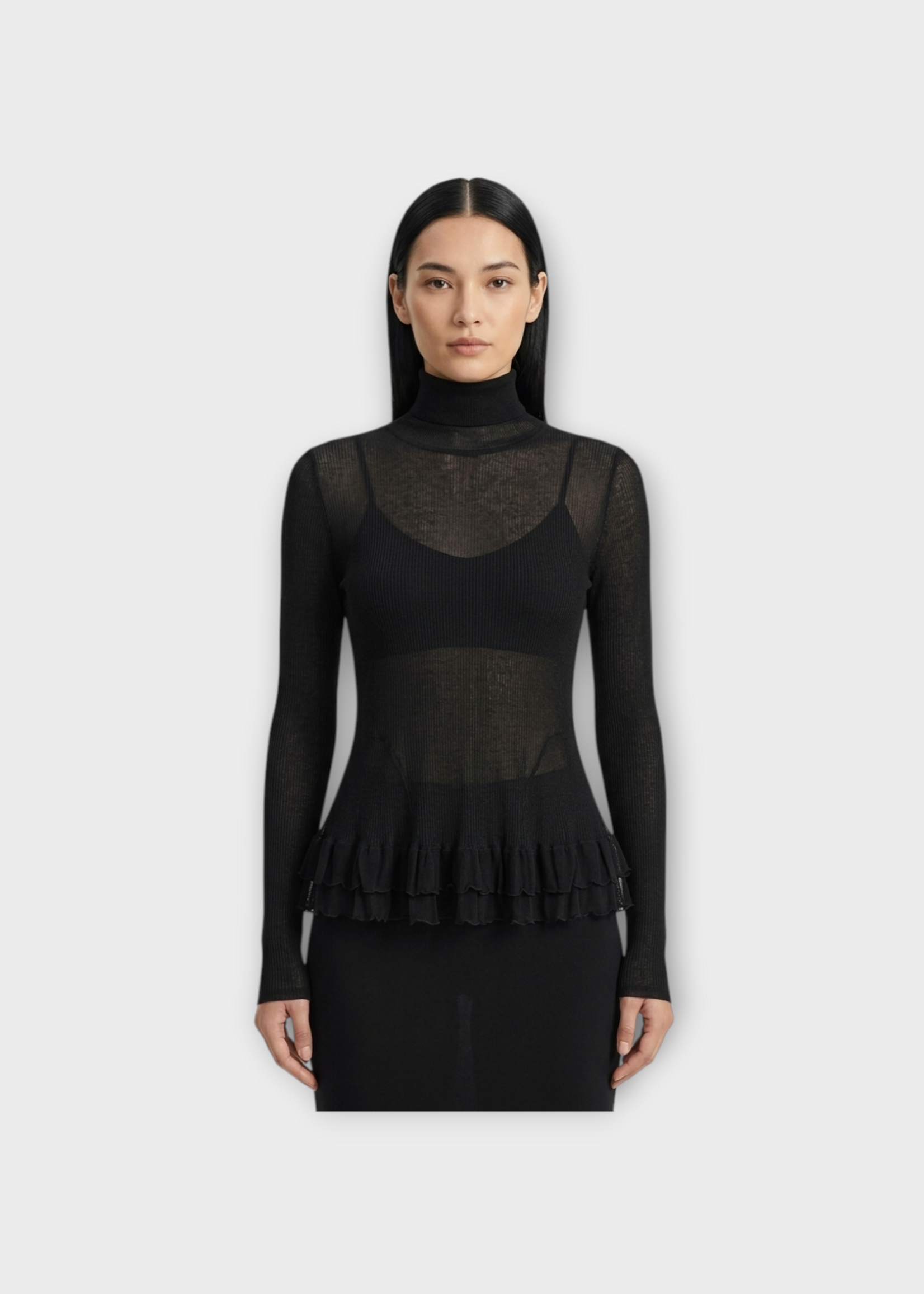 Ashlyn Ashlyn Top, Black, Merritt Turtleneck Peplum Top In Black w/ Ruffles