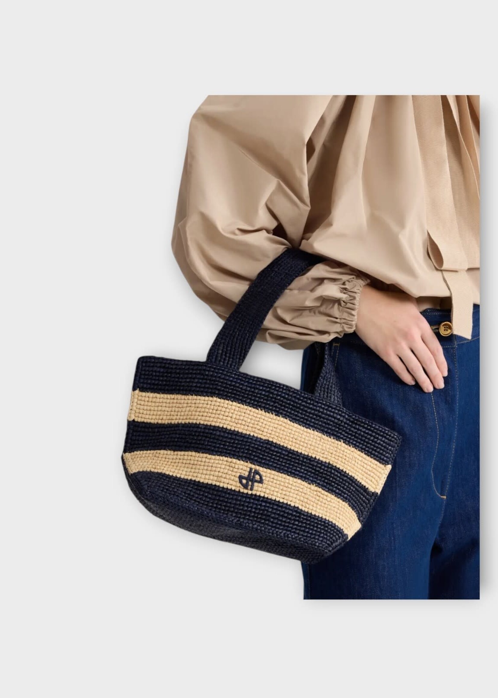 Patou Patou Bag, Multi, Raffia Trapeze Tote Bag In Offshore Blue Stripes & Beige