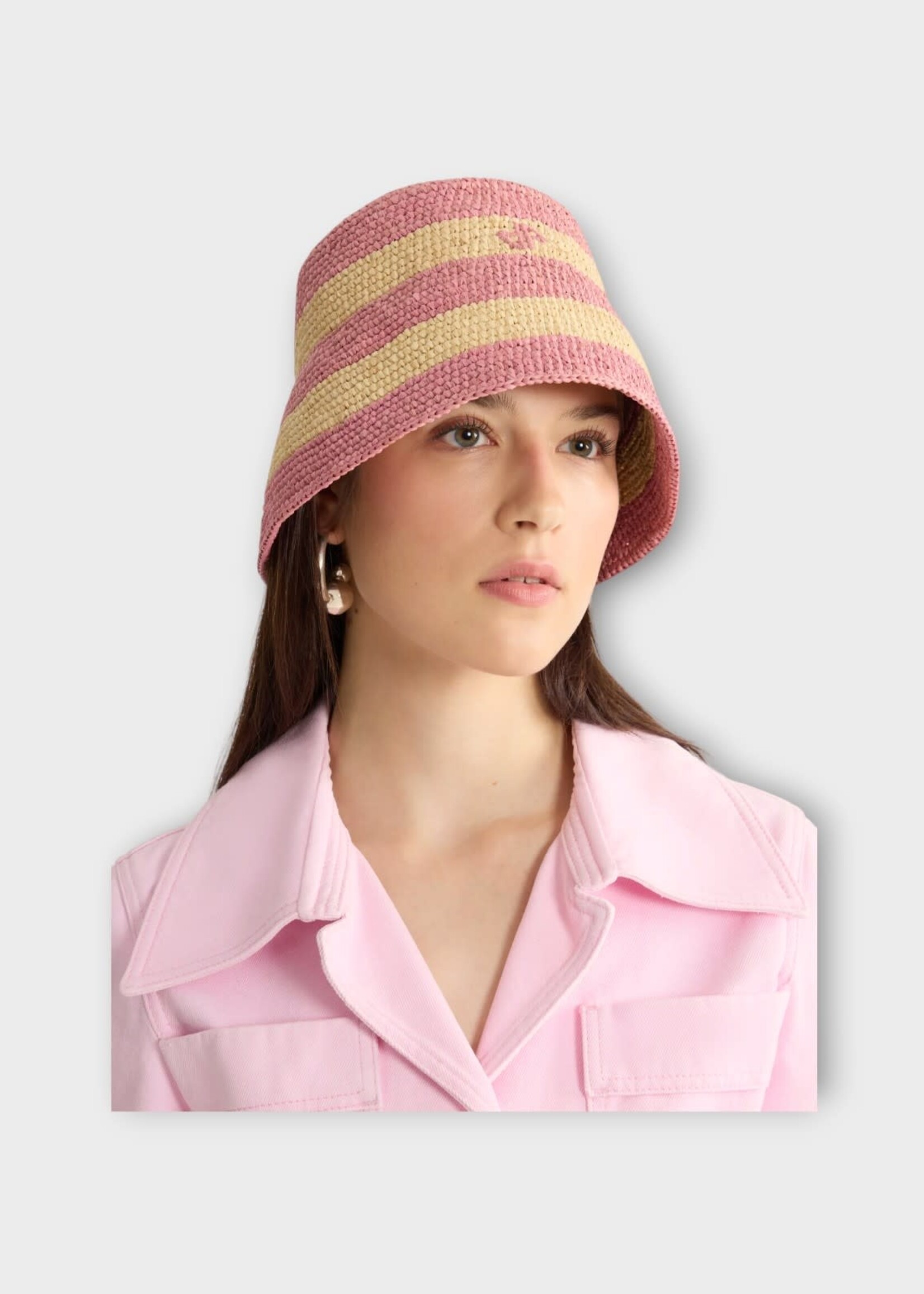 Patou Patou Hat, Multi, Bucket Hat In Bougainvillea Pink Stripes & Beige