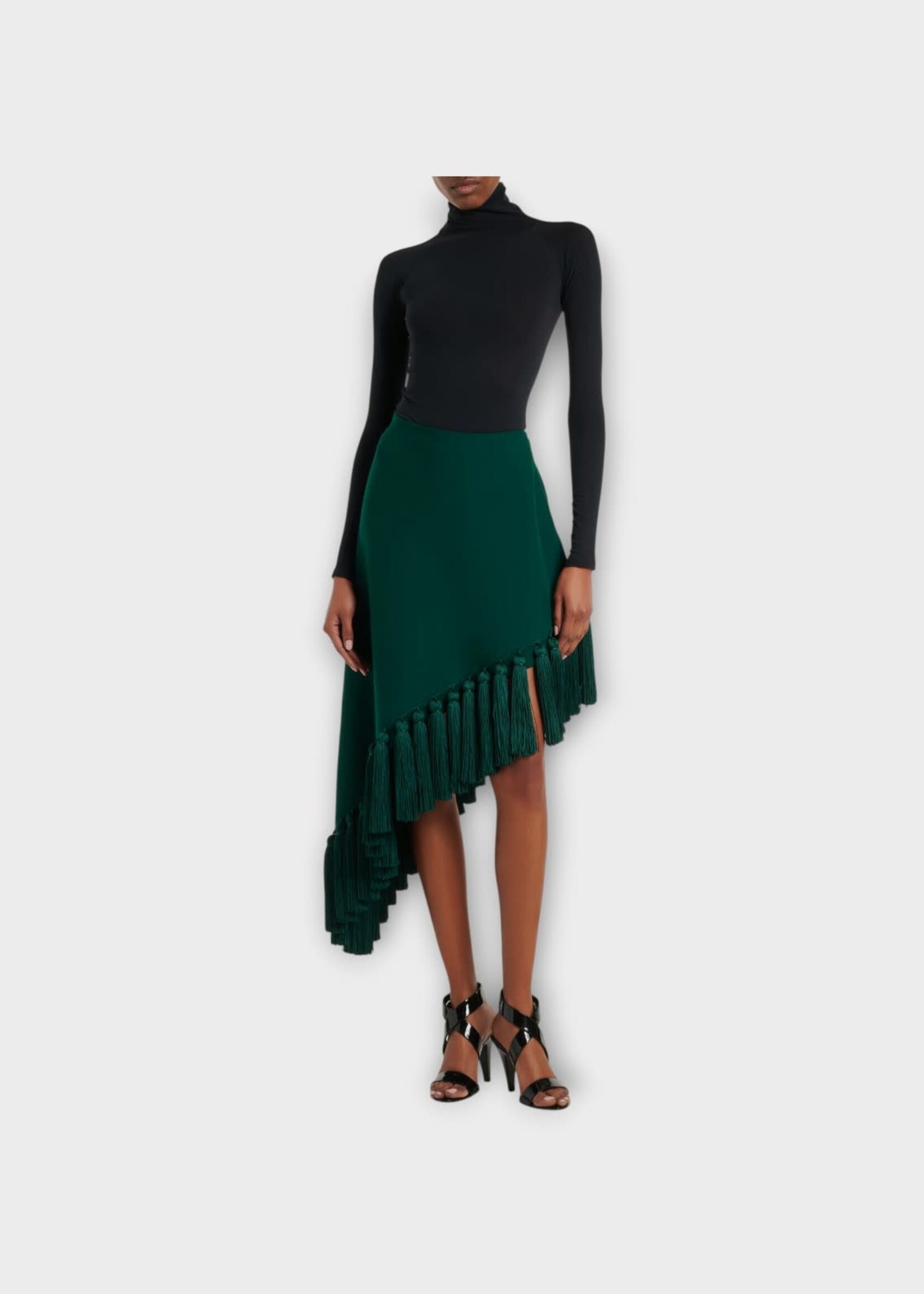 Alaia Alaia Skirt, Green, Wool Mid Rise Asymmetric Tassel Skirt in Vert Foret
