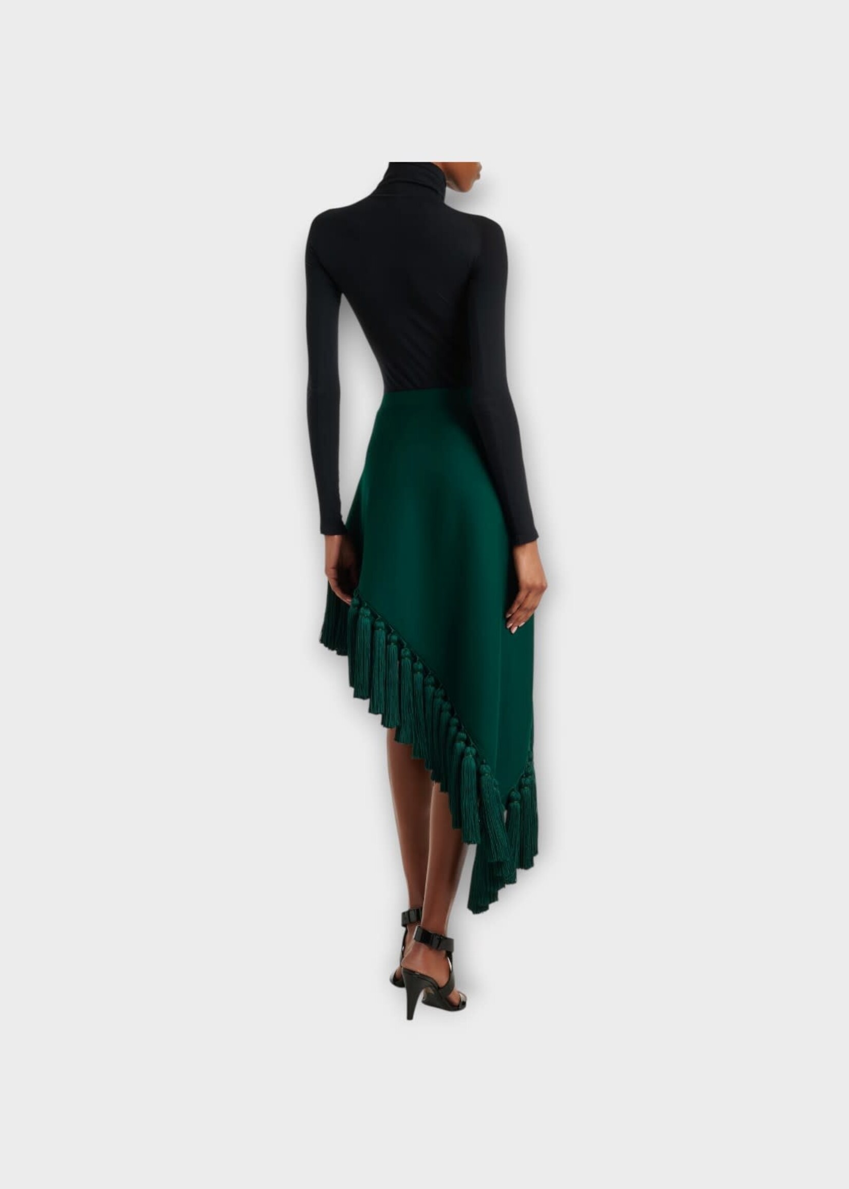 Alaia Alaia Skirt, Green, Wool Mid Rise Asymmetric Tassel Skirt in Vert Foret