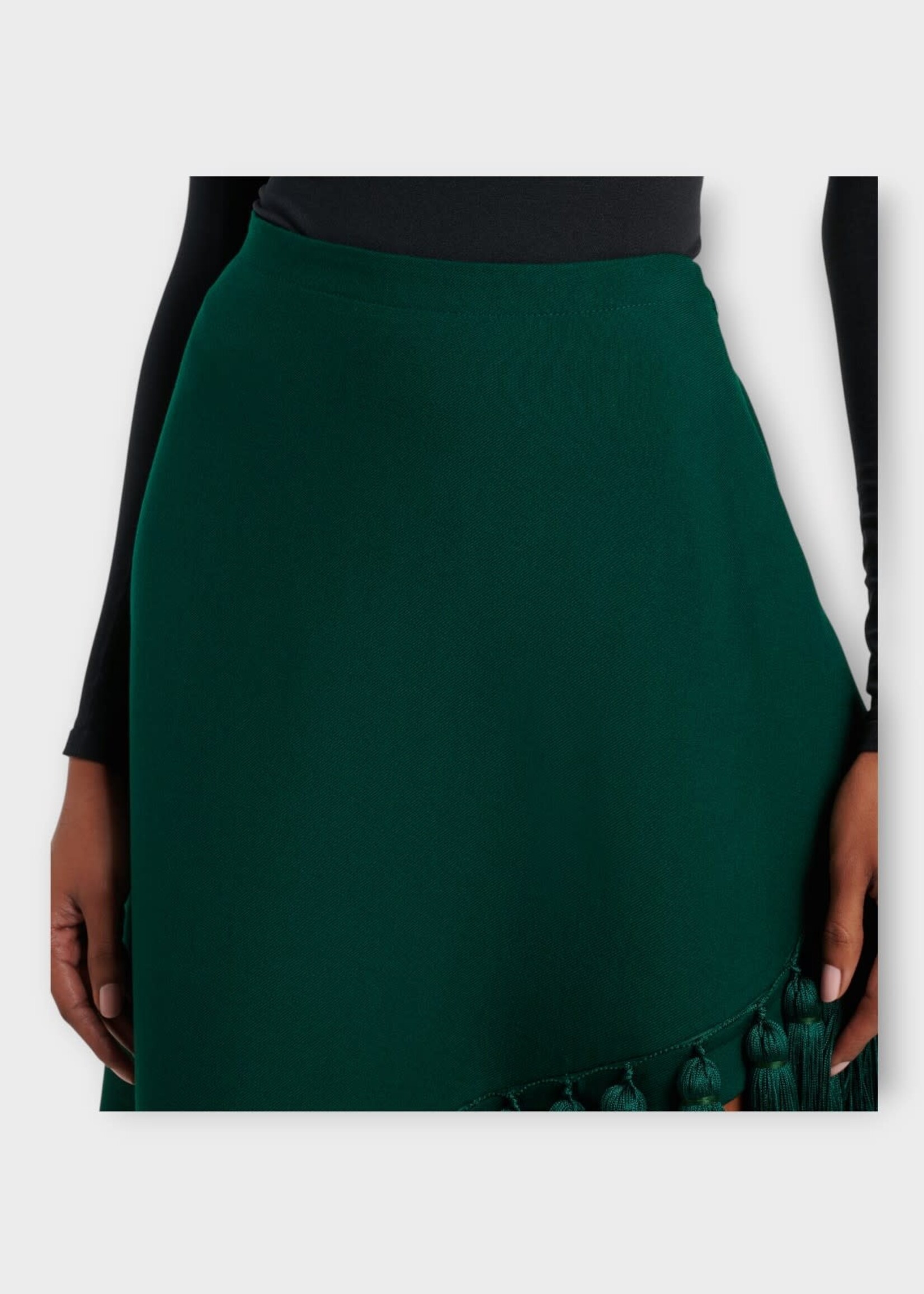 Alaia Alaia Skirt, Green, Wool Mid Rise Asymmetric Tassel Skirt in Vert Foret