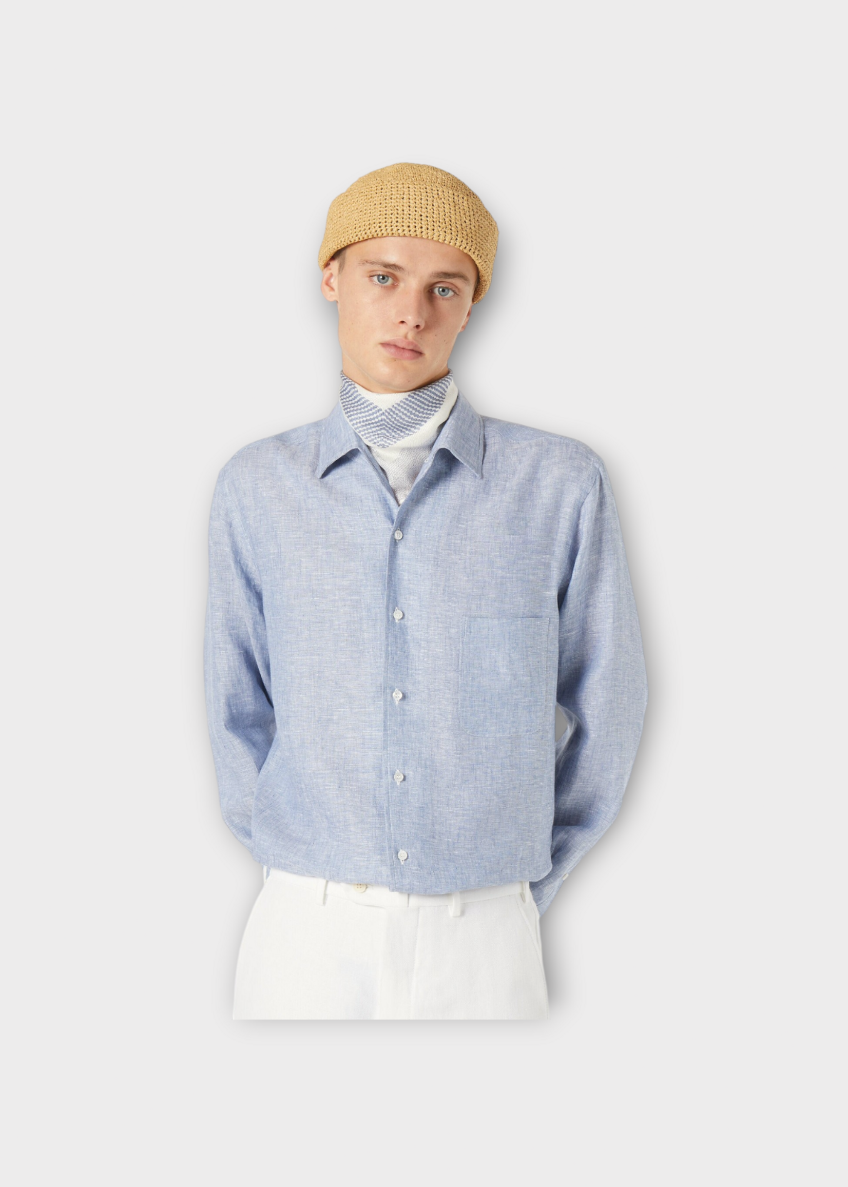 Loro Piana Loro Piana Shirt, Blue, Andre' Linen Classic Shirt In Light Blue Indigo w/ Chest Pocket