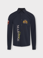 Martine Rose Martine Rose Shirt, Navy, Sleazy Sports Button Up Shirt In Blue Navy w/  "Martine" Print