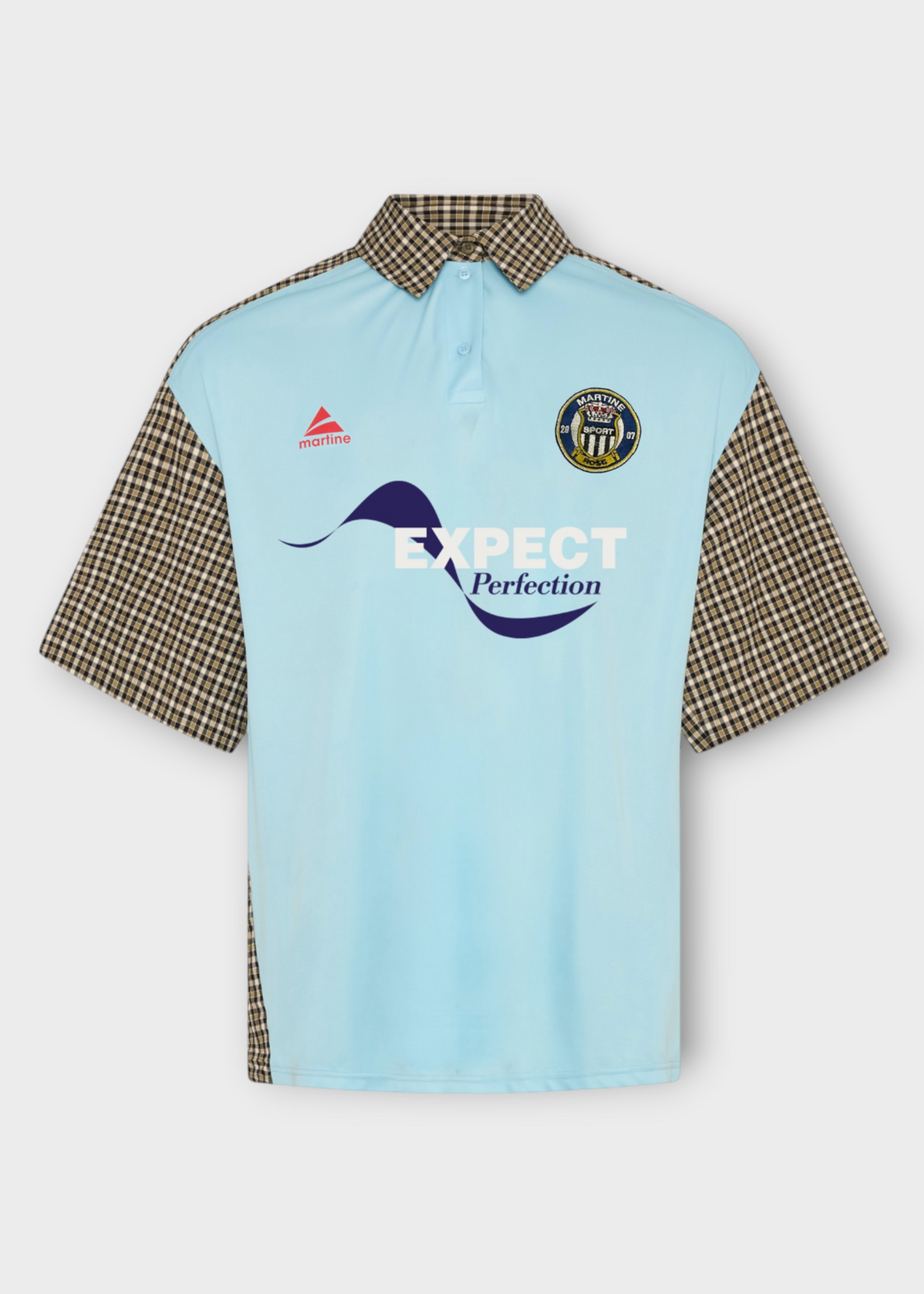 Martine Rose Martine Rose Shirt, Multi, Short Sleeve Polo In Black Green & Light Blue w/ Contrast Check Pattern & Print