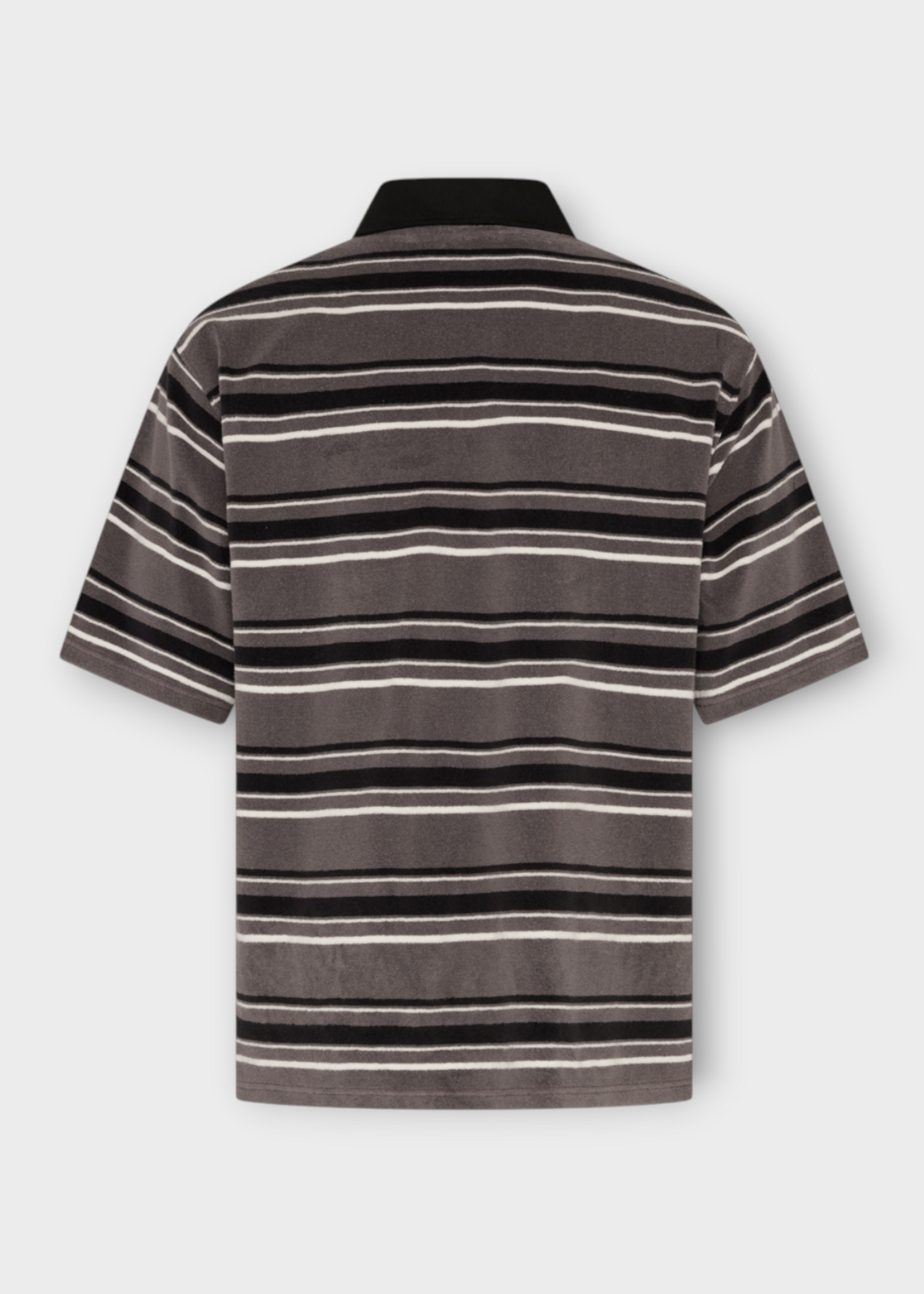 Martine Rose Martine Rose Polo, Multi, Oversized Short Sleeve Polo In Grey & Black Stripe w/  Embroidery