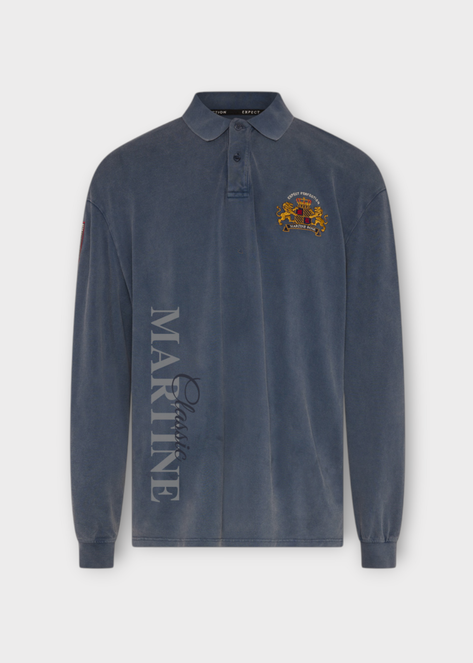 Martine Rose Martine Rose Polo, Blue, Long Sleeve Polo In Washed Blue Navy w/ Patches