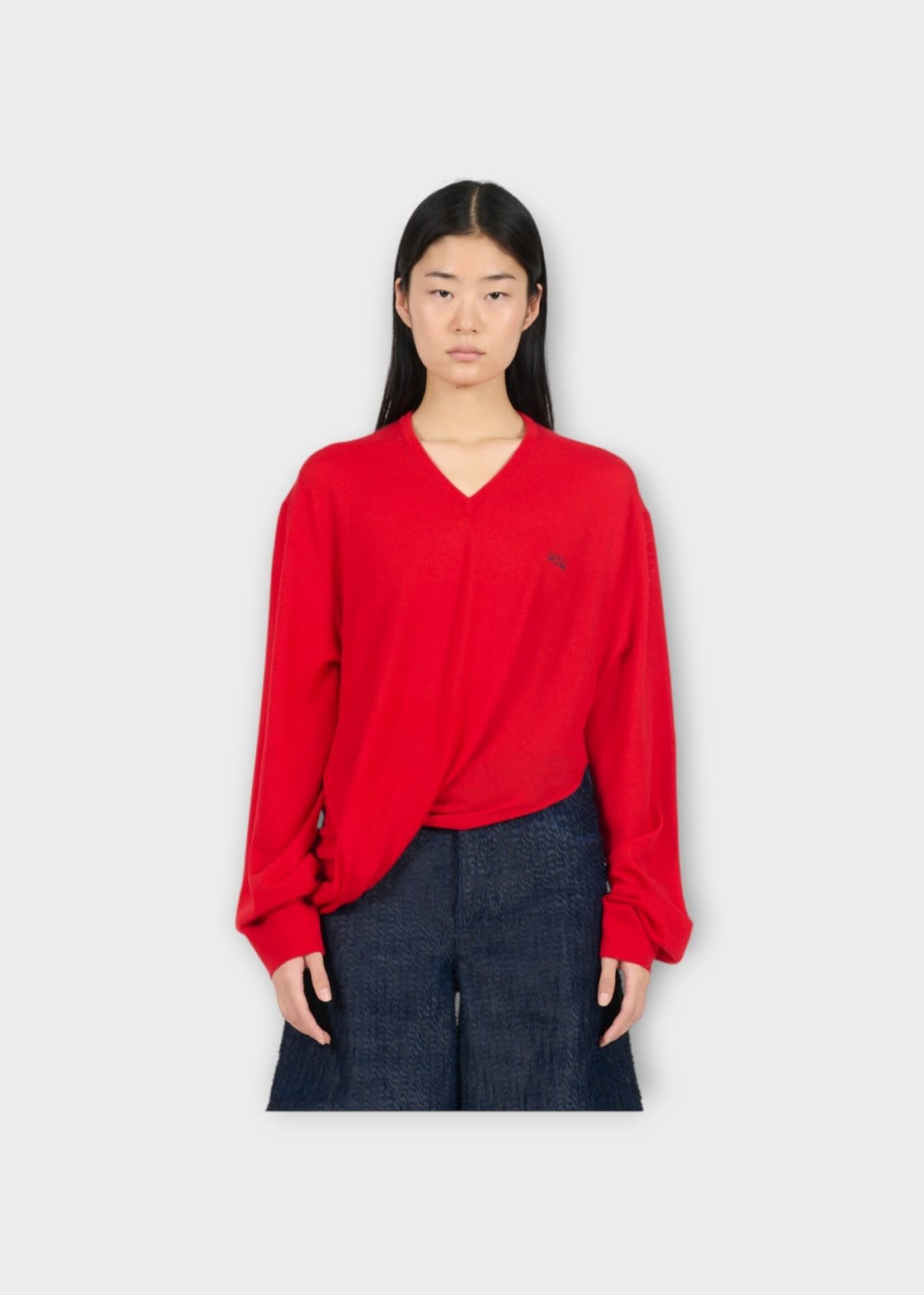 Loewe Loewe Knitwear, Red, Wool V-Neck Asymmetric Draped Sweater In Red #45