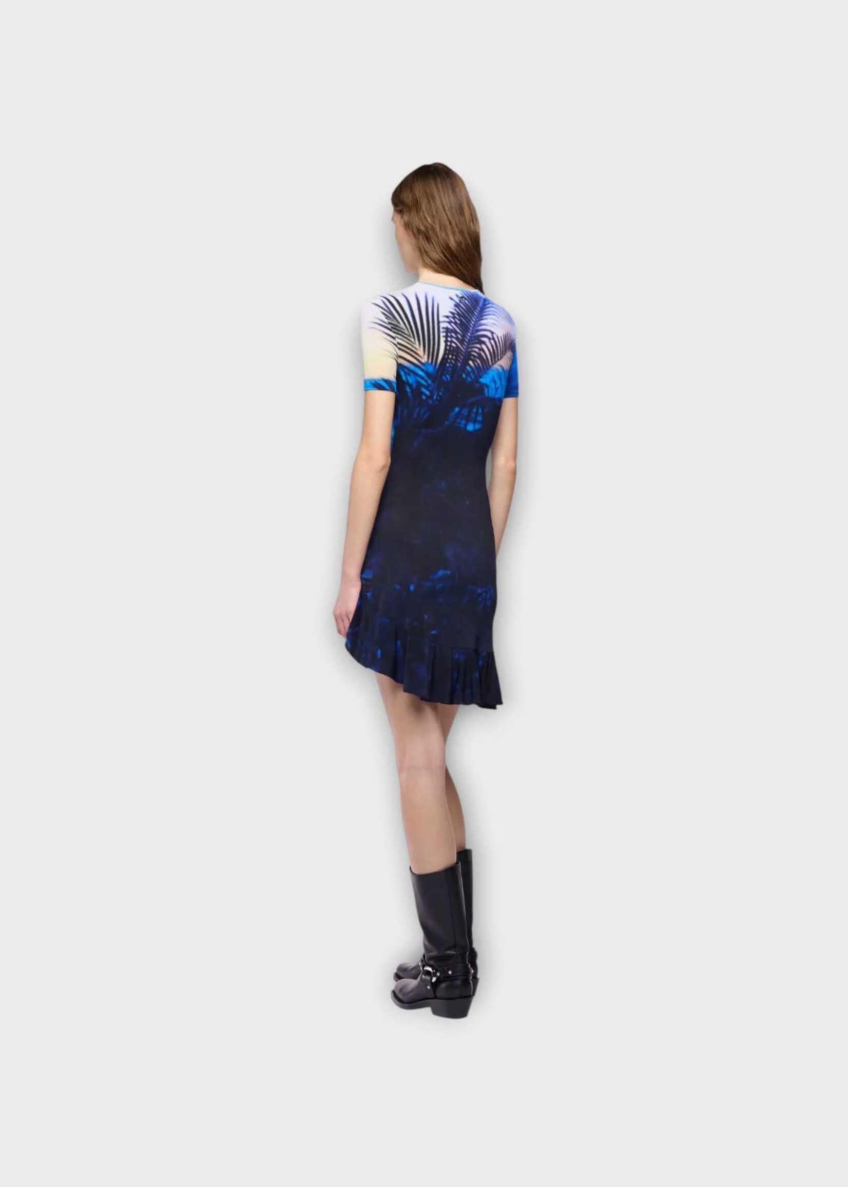 Rabanne Rabanne Dress, Print, Second Skin Short Sleeve Mini Dress In Big Tornado Blue & Yellow w/ Sunset Print