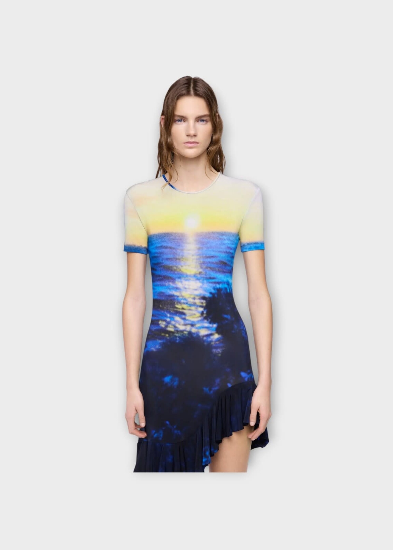 Rabanne Rabanne Dress, Print, Second Skin Short Sleeve Mini Dress In Big Tornado Blue & Yellow w/ Sunset Print