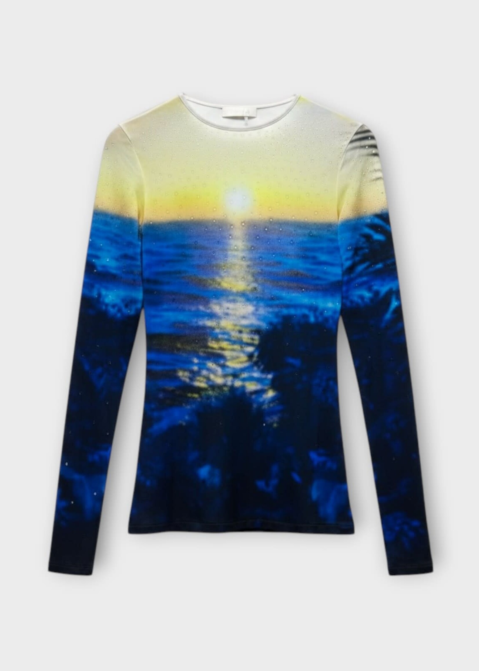 Rabanne Rabanne Top, Print, Second Skin Crew Neck Long Sleeve Top In Big Tornado Blue & Yellow w/ Sunset Print