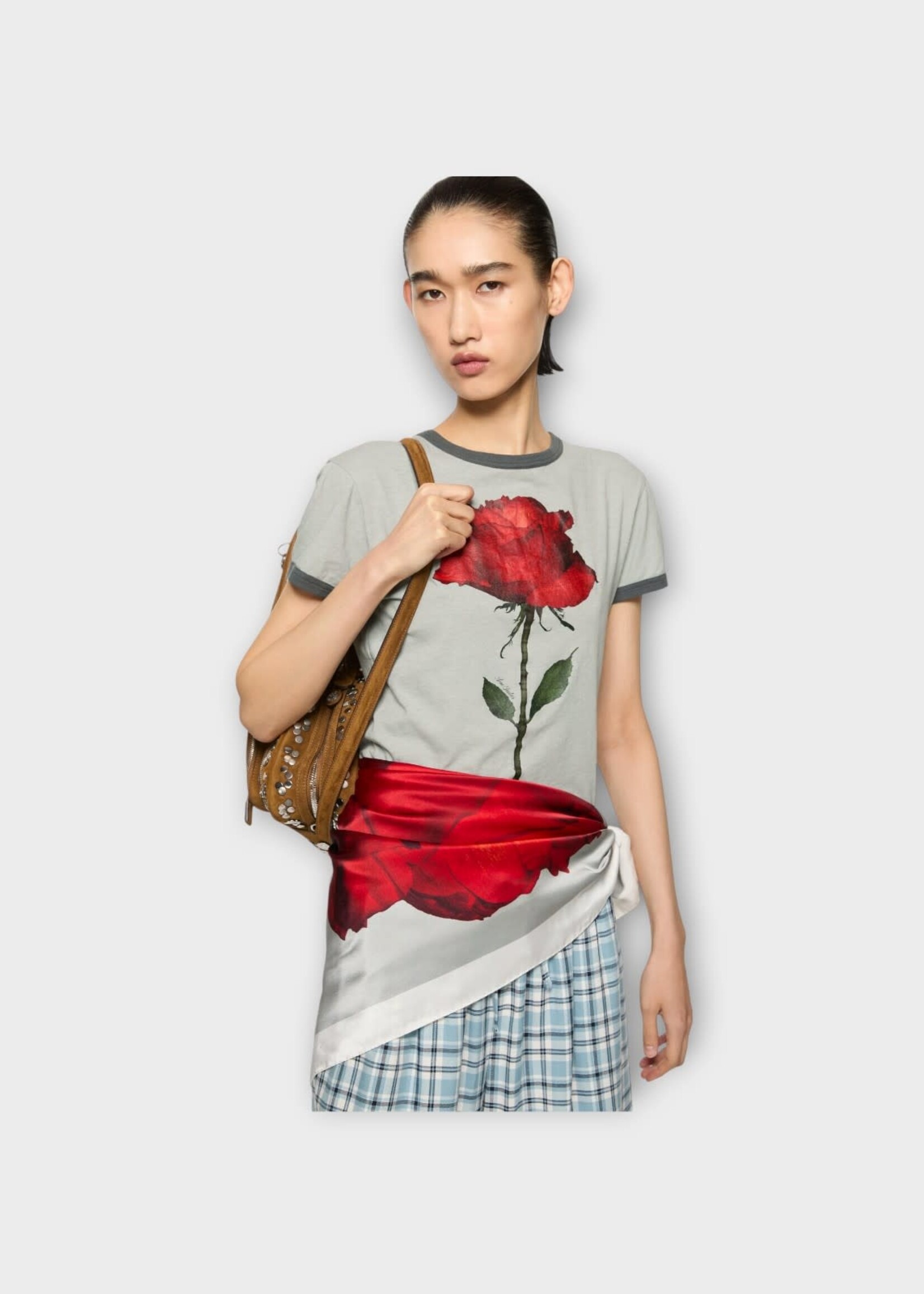 Acne Studio Acne Studio T-Shirt, Print, Cotton Crew Neck T-Shirt In Grey & Red w/ Rose Print