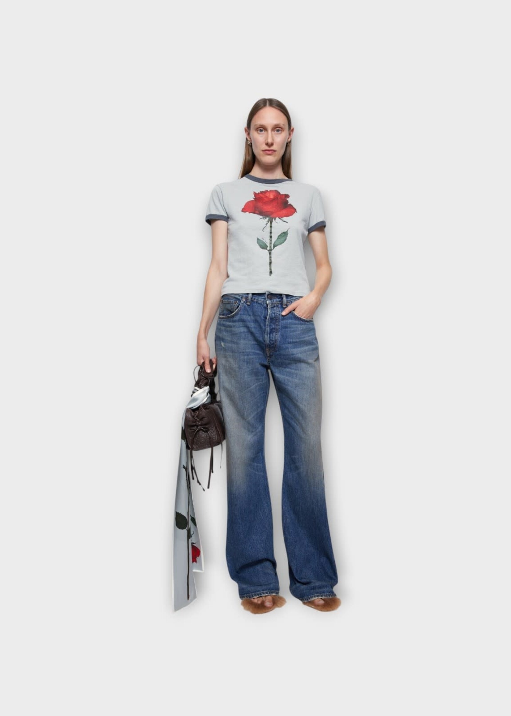 Acne Studio Acne Studio T-Shirt, Print, Cotton Crew Neck T-Shirt In Grey & Red w/ Rose Print