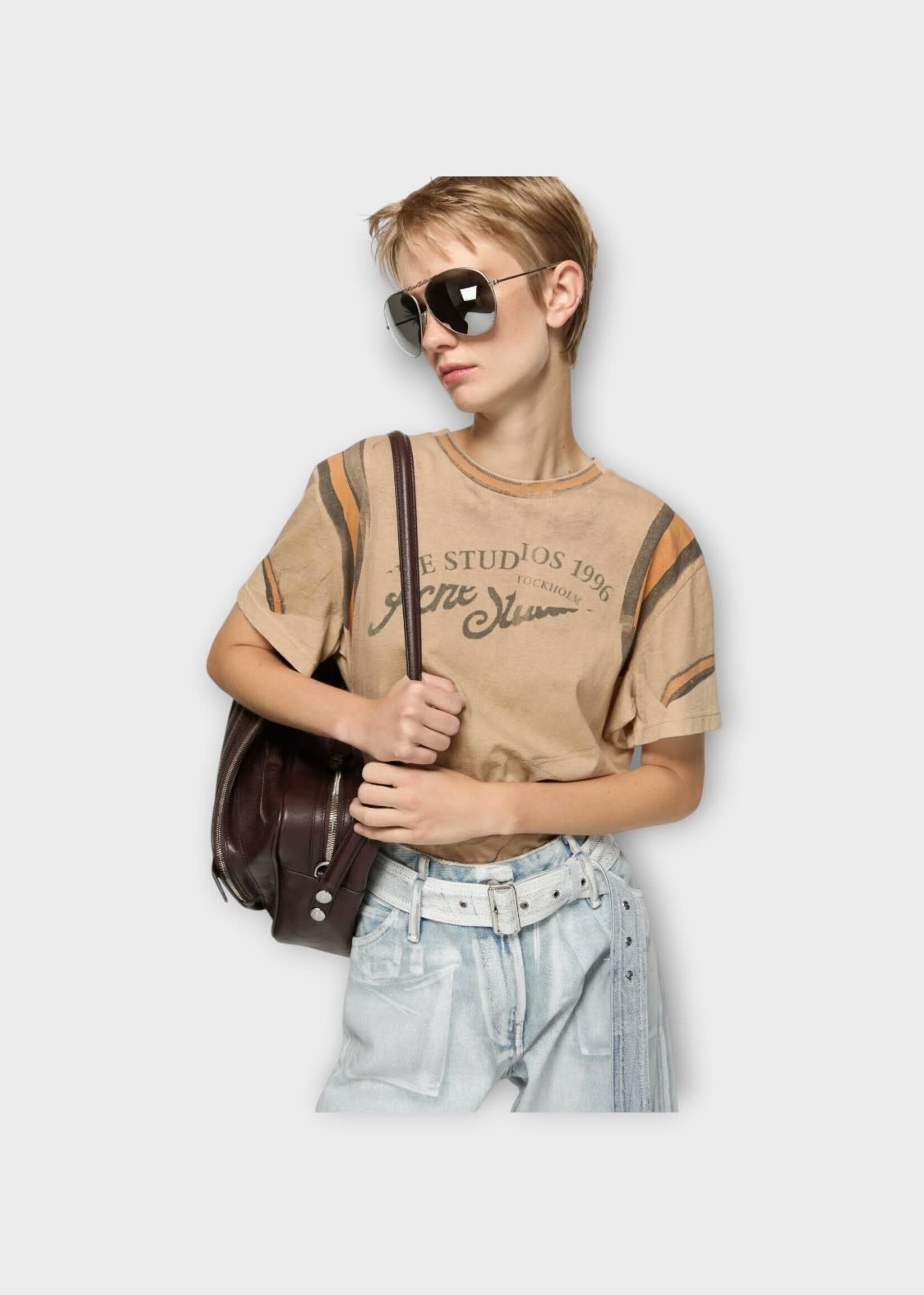 Acne Studio Acne Studio T-Shirt, Beige, Cotton Regular Crew Neck T-Shirt in Sand Beige w/ Logo Print
