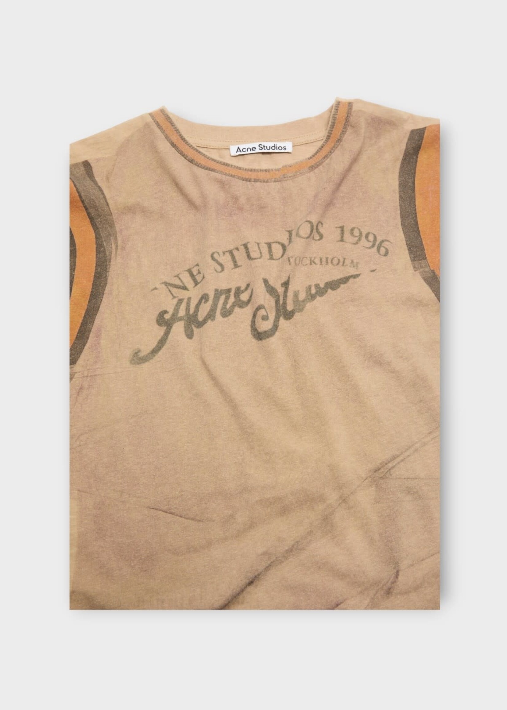 Acne Studio Acne Studio T-Shirt, Beige, Cotton Regular Crew Neck T-Shirt in Sand Beige w/ Logo Print