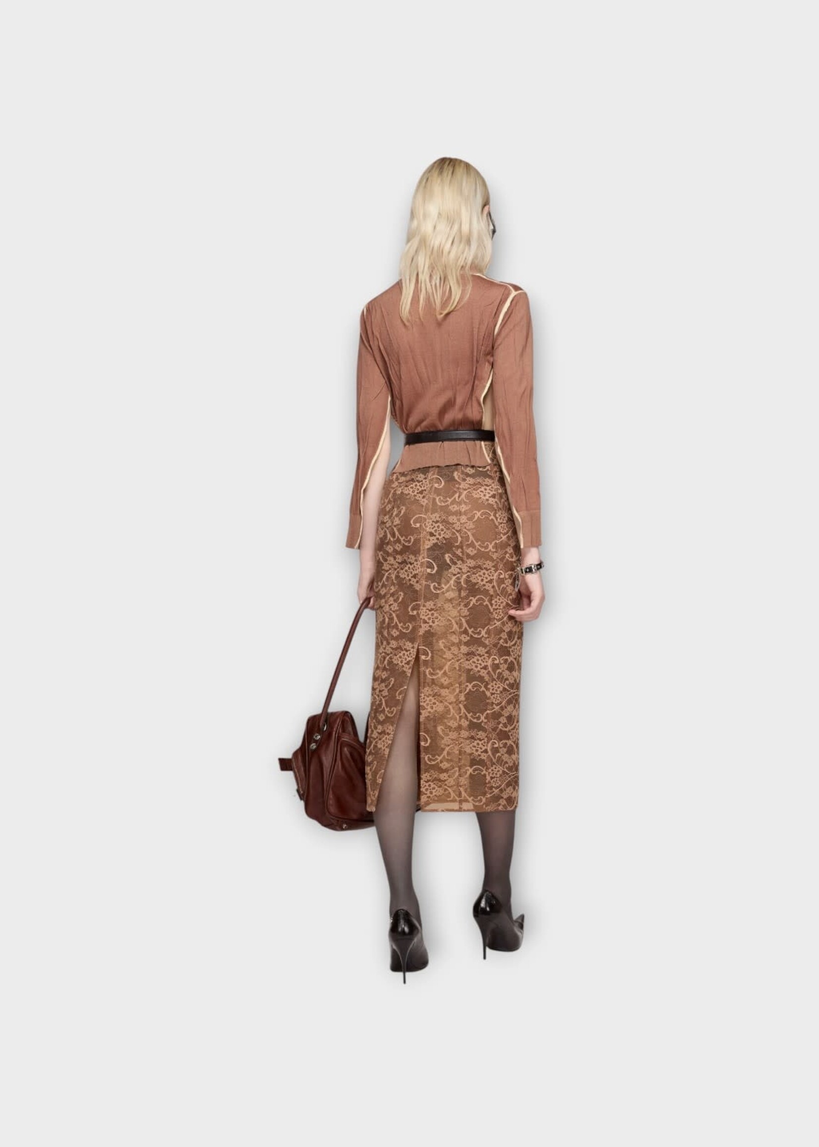 Acne Studio Acne Studio Skirt, Brown, Lace Under layered Midi Skirt In Bronze Brown w/ Back Slit #44