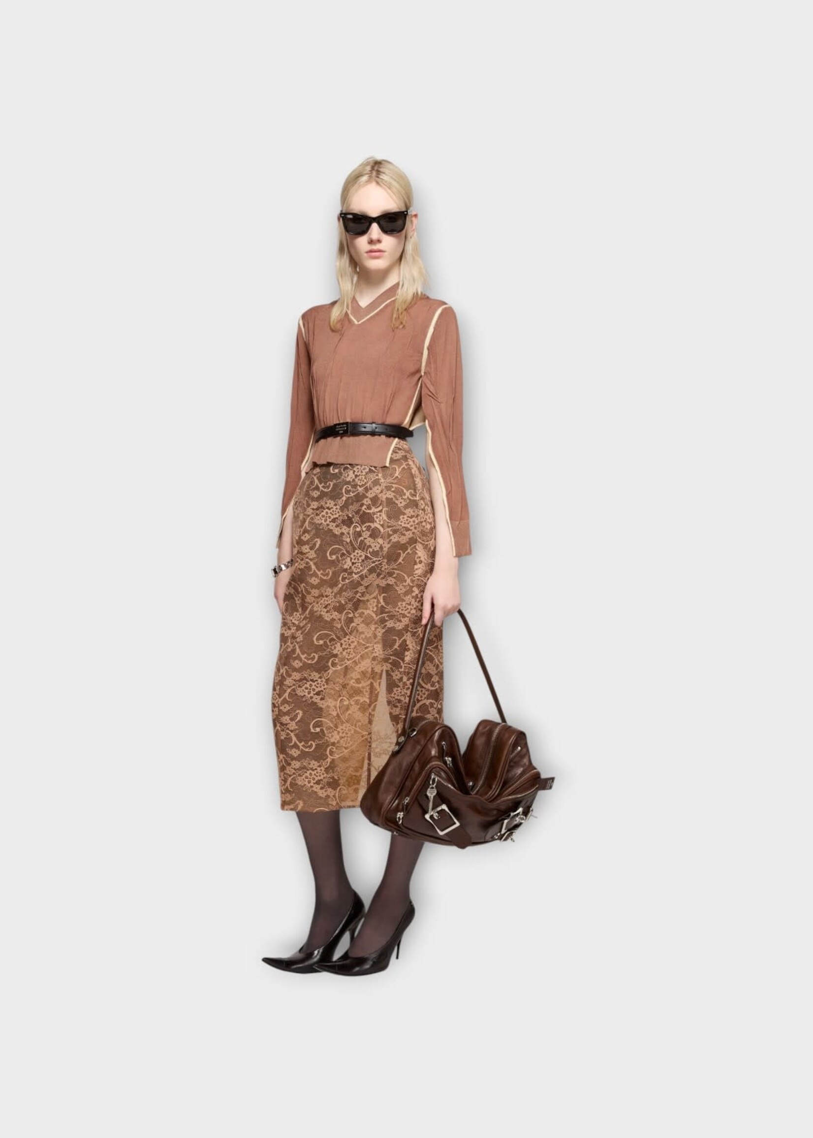 Acne Studio Acne Studio Skirt, Brown, Lace Under layered Midi Skirt In Bronze Brown w/ Back Slit #44