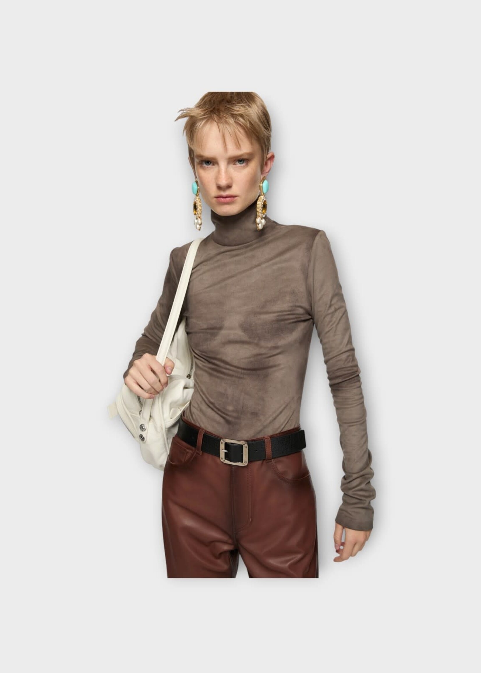 Acne Studio Acne Studio Top, Grey, High Neck Long Sleeve Top In Ash Grey w/ Trompe-L’œil Body Print