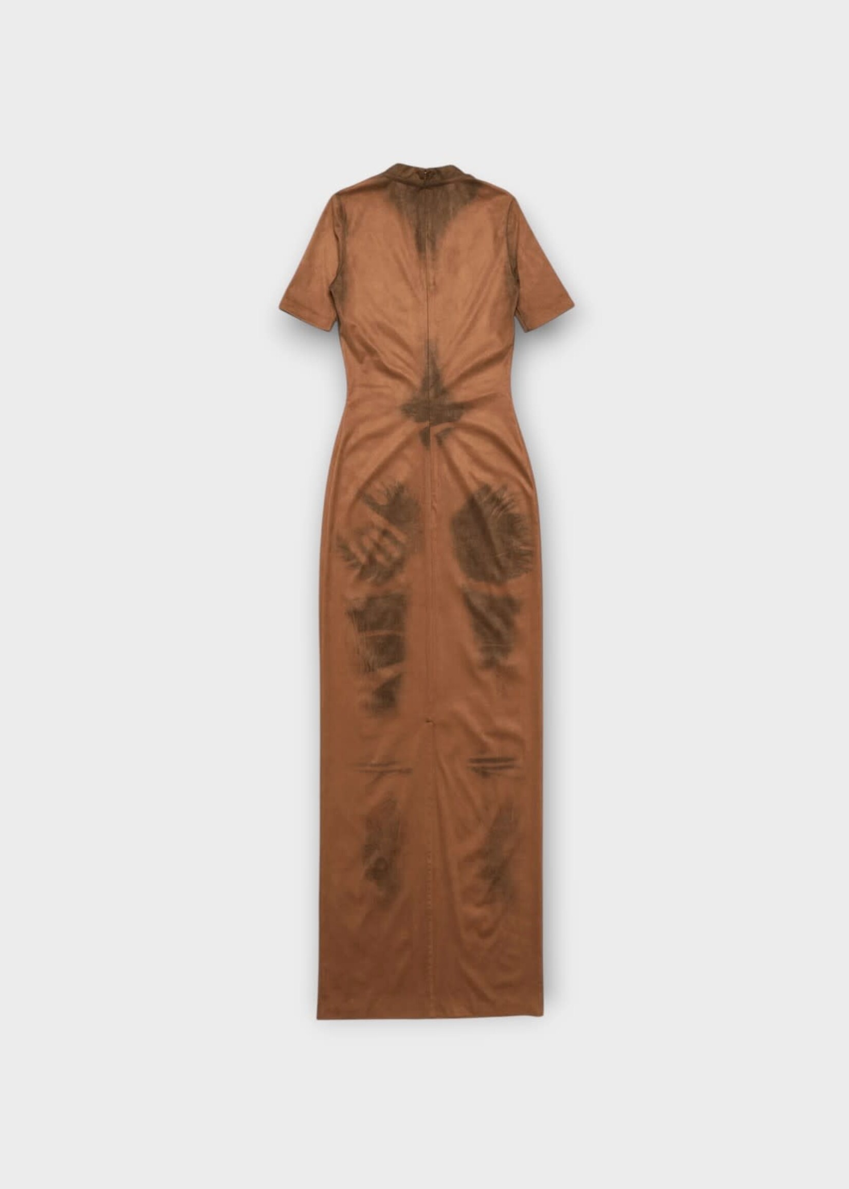 Acne Studio Acne Studio Dress, Brown, Fitted V-Neck Short Sleeve Long Dress In Cognac Brown w/ Trompe-L’œil Body Print