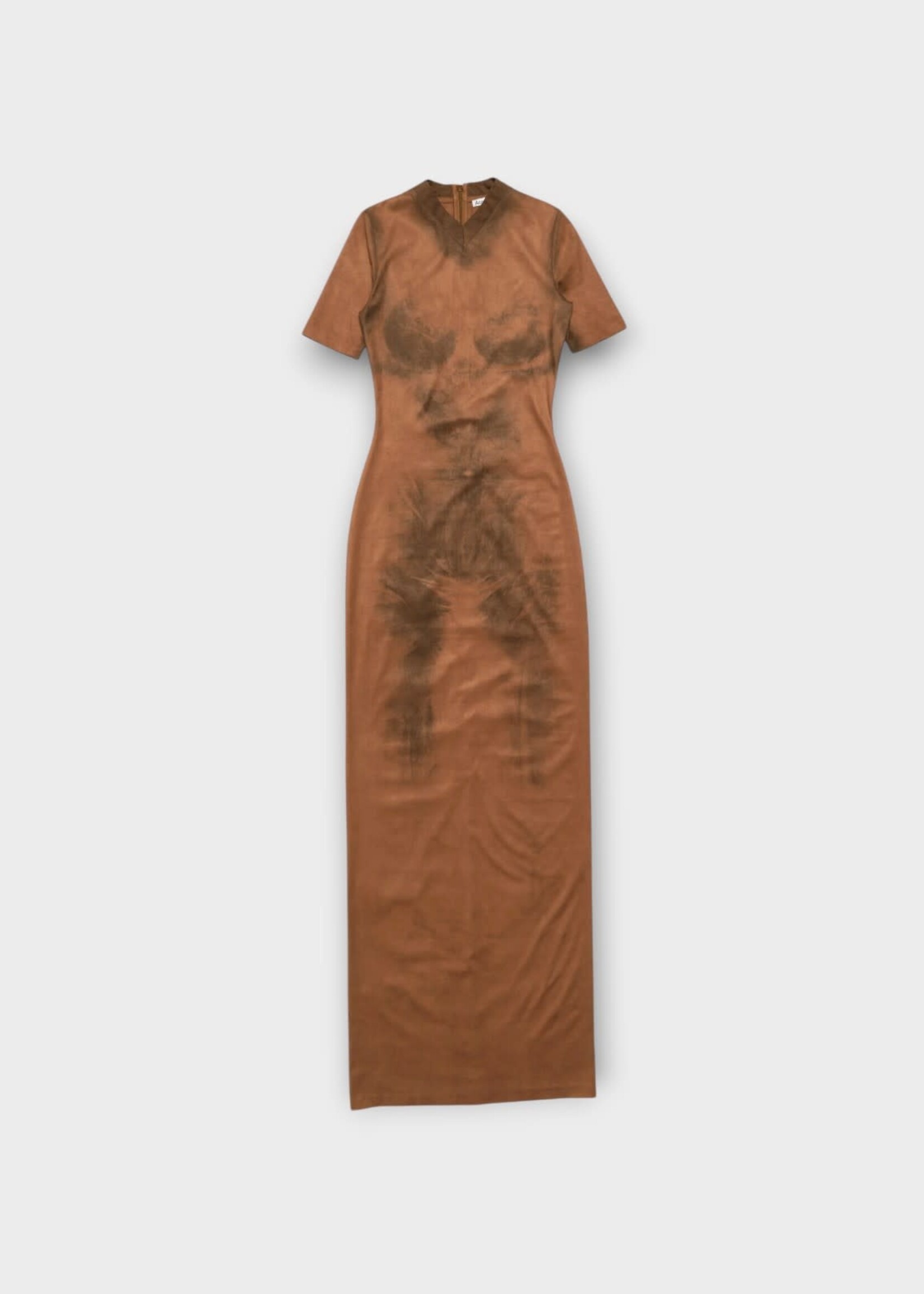 Acne Studio Acne Studio Dress, Brown, Fitted V-Neck Short Sleeve Long Dress In Cognac Brown w/ Trompe-L’œil Body Print