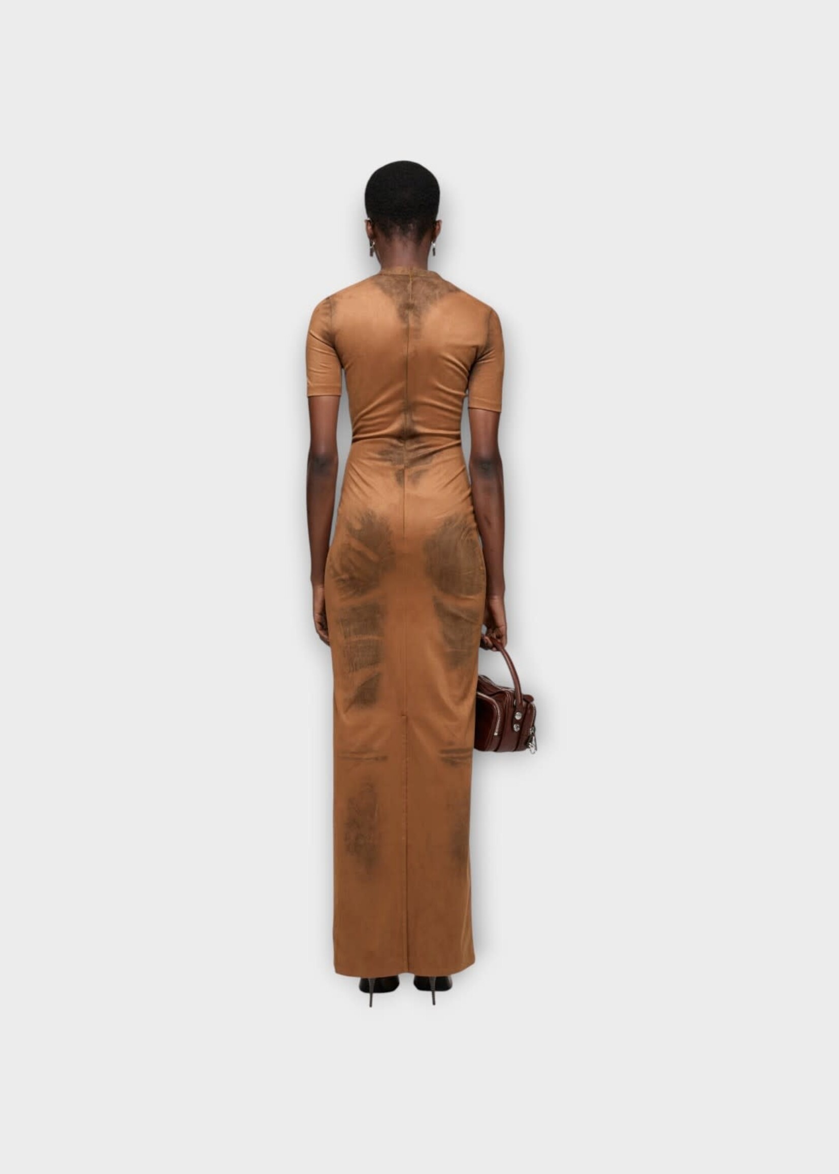 Acne Studio Acne Studio Dress, Brown, Fitted V-Neck Short Sleeve Long Dress In Cognac Brown w/ Trompe-L’œil Body Print