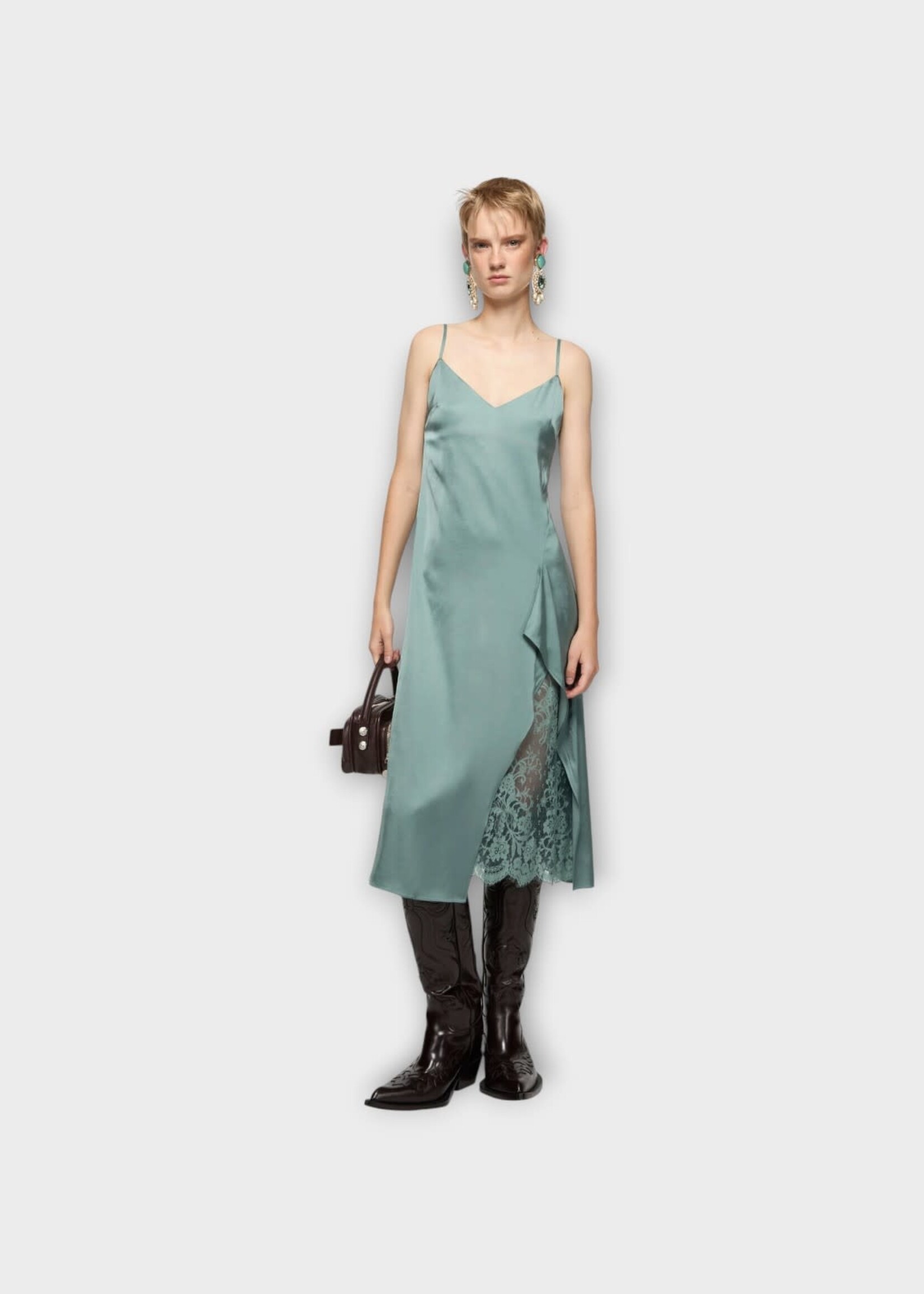 Acne Studio Acne Studio Dress, Green, Sleeveless Slip Midi Dress In Sage Green w/ Lace Detail