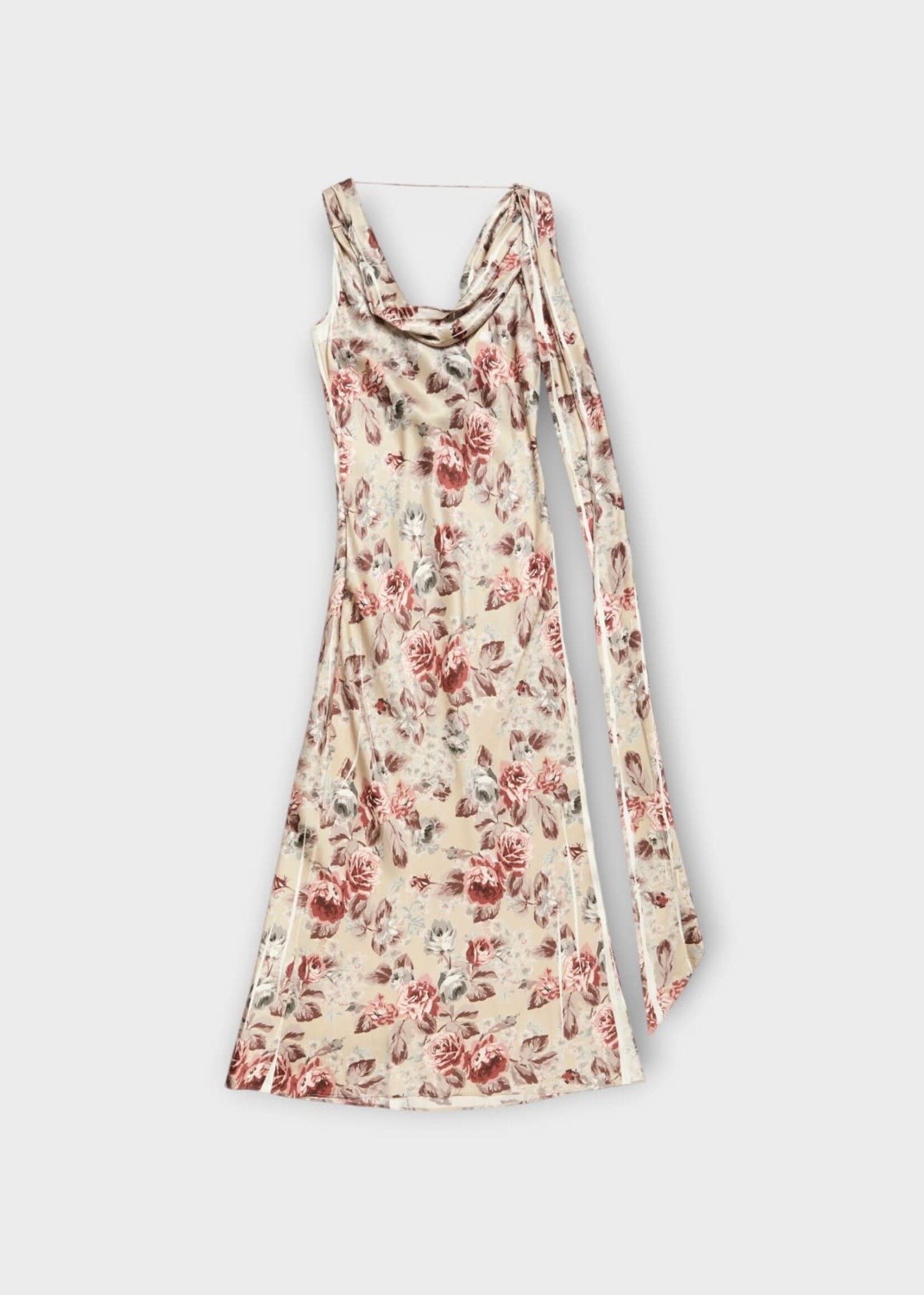 Acne Studio Acne Studio Dress, Print, Sleeveless Draped Long Dress In Multi Beige w/ Floral Print & Side Slit