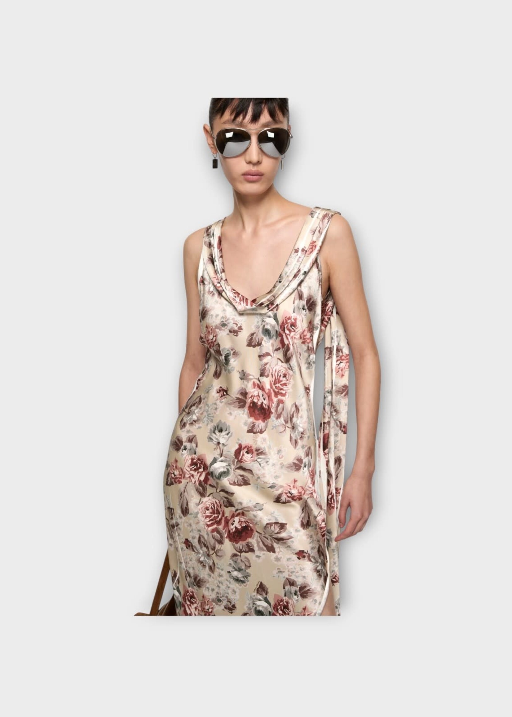 Acne Studio Acne Studio Dress, Print, Sleeveless Draped Long Dress In Multi Beige w/ Floral Print & Side Slit