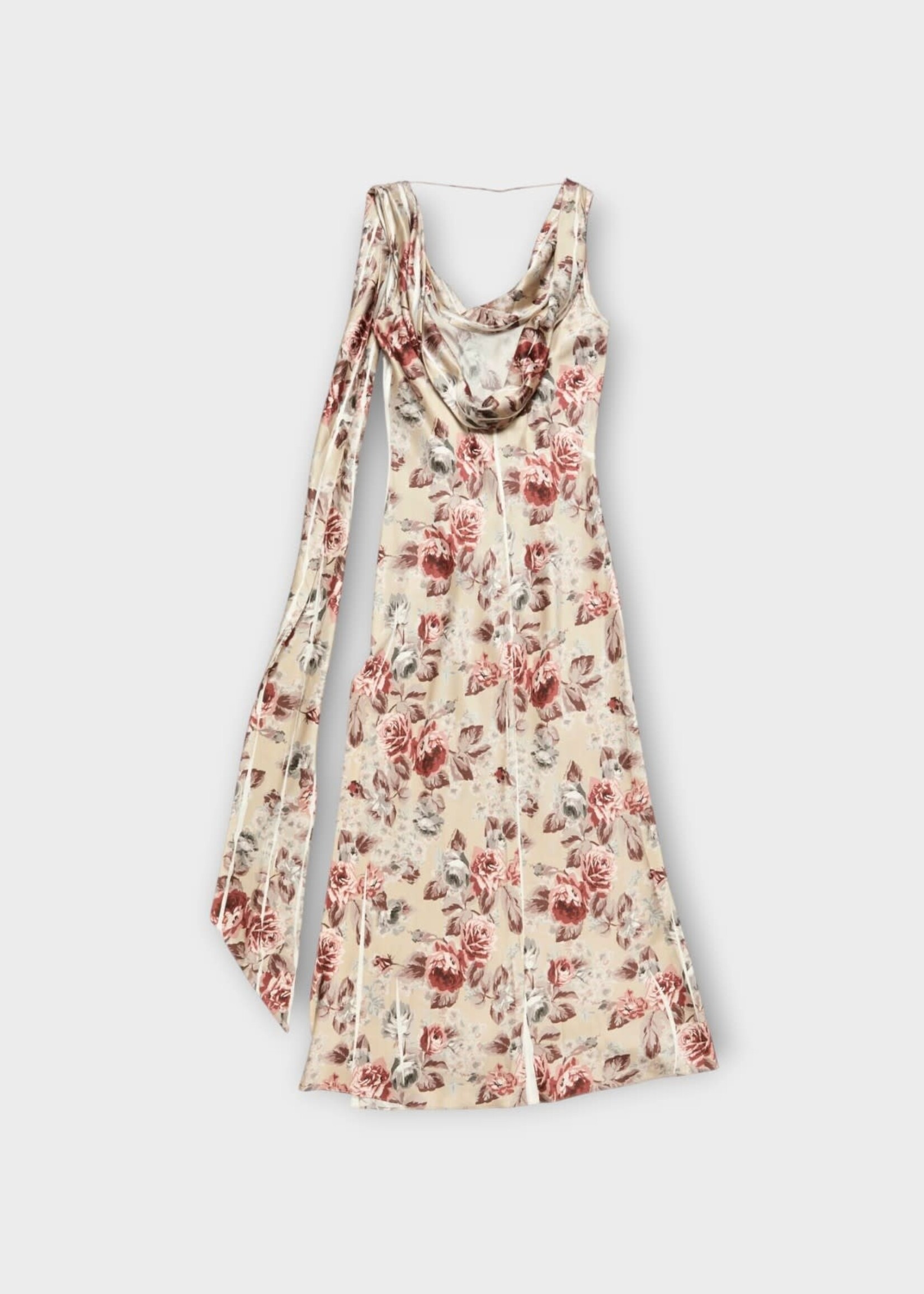 Acne Studio Acne Studio Dress, Print, Sleeveless Draped Long Dress In Multi Beige w/ Floral Print & Side Slit