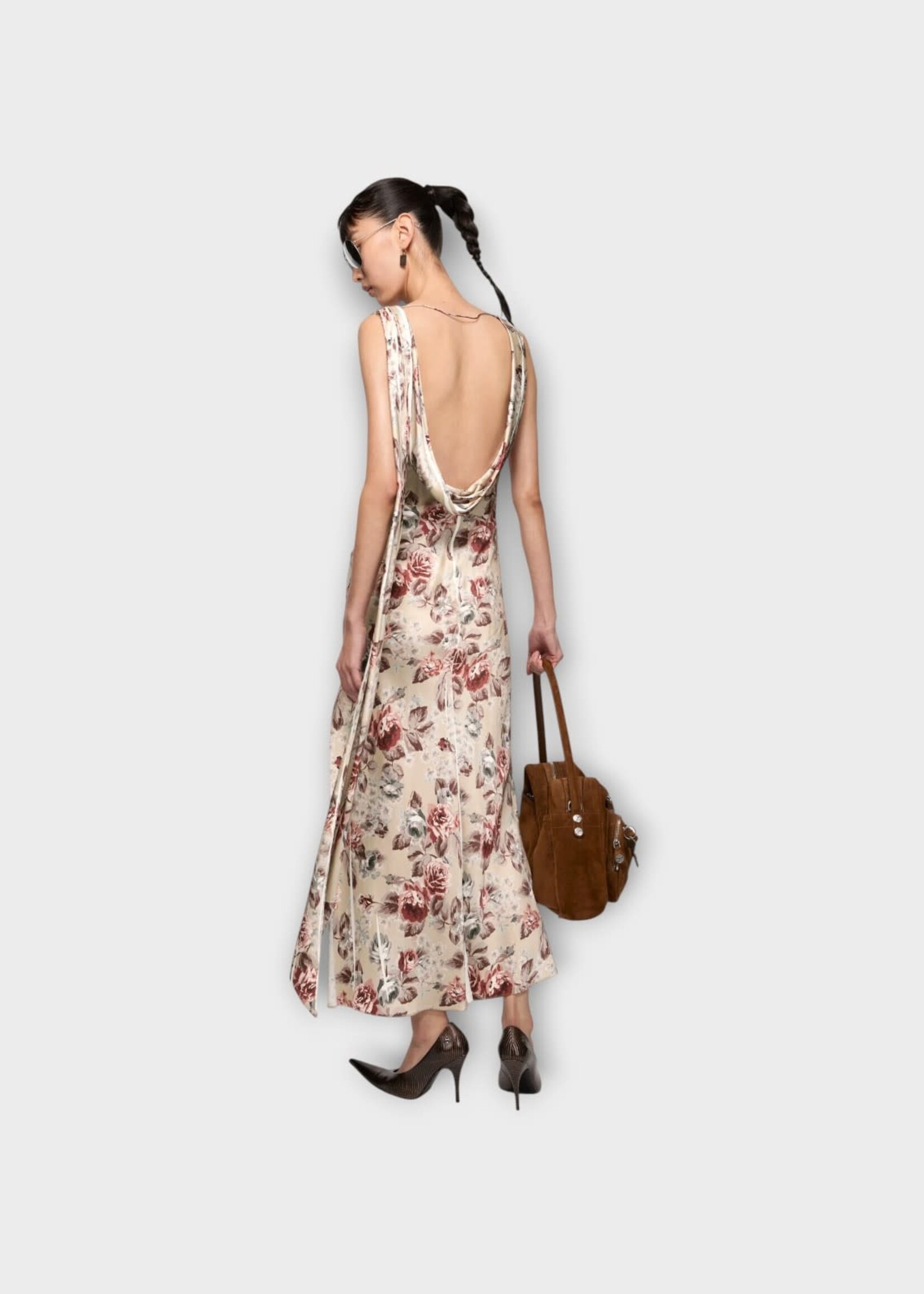 Acne Studio Acne Studio Dress, Print, Sleeveless Draped Long Dress In Multi Beige w/ Floral Print & Side Slit