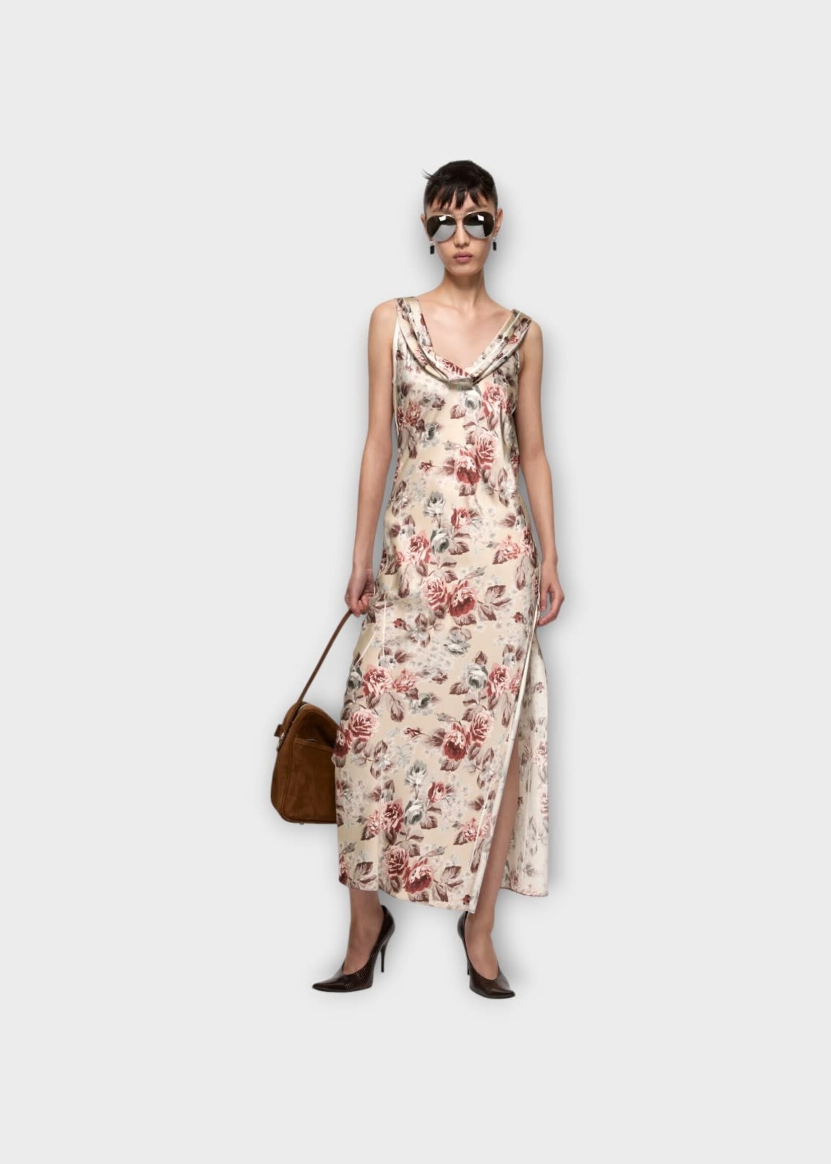 Acne Studio Acne Studio Dress, Print, Sleeveless Draped Long Dress In Multi Beige w/ Floral Print & Side Slit