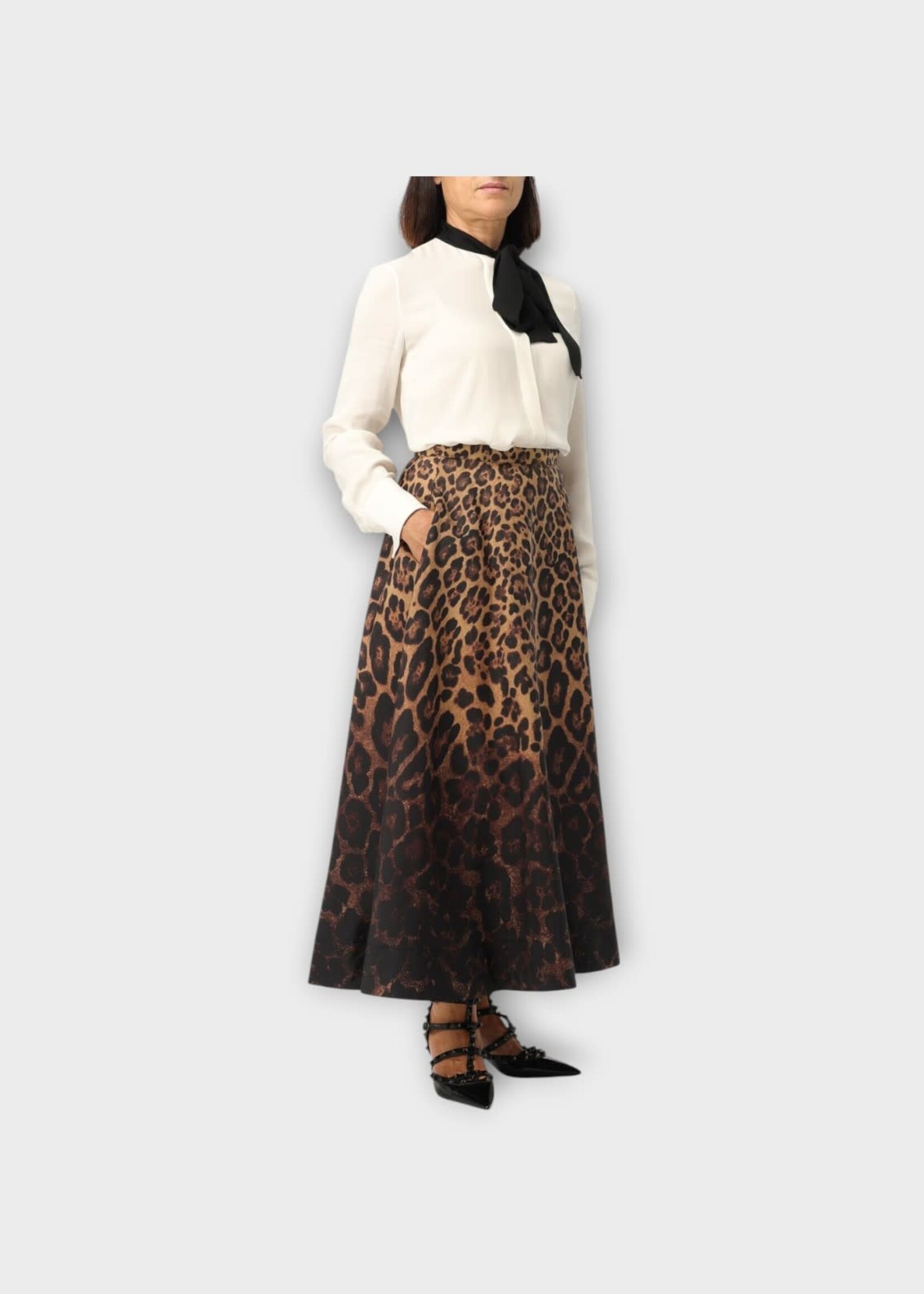 Valentino Valentino Skirt, Print, Wool & Silk High Waist Midi Skirt In Brown w/ Leopard Degrade Print