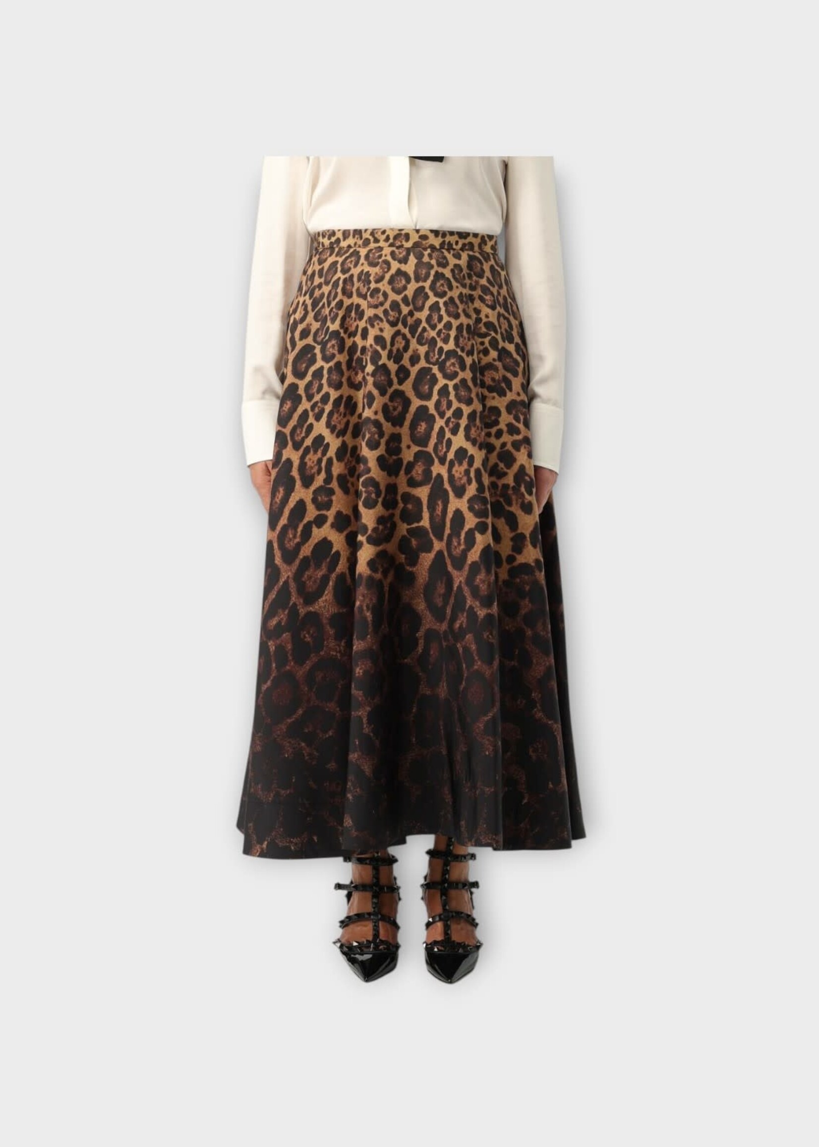 Valentino Valentino Skirt, Print, Wool & Silk High Waist Midi Skirt In Brown w/ Leopard Degrade Print