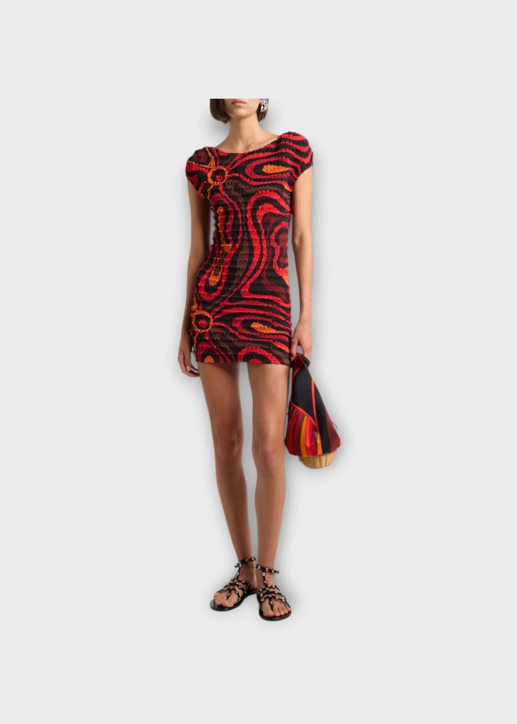Pucci Pucci Dress, Print, Short Sleeve Shibori Mini Dress In Orange & Black w/ Marmo Print