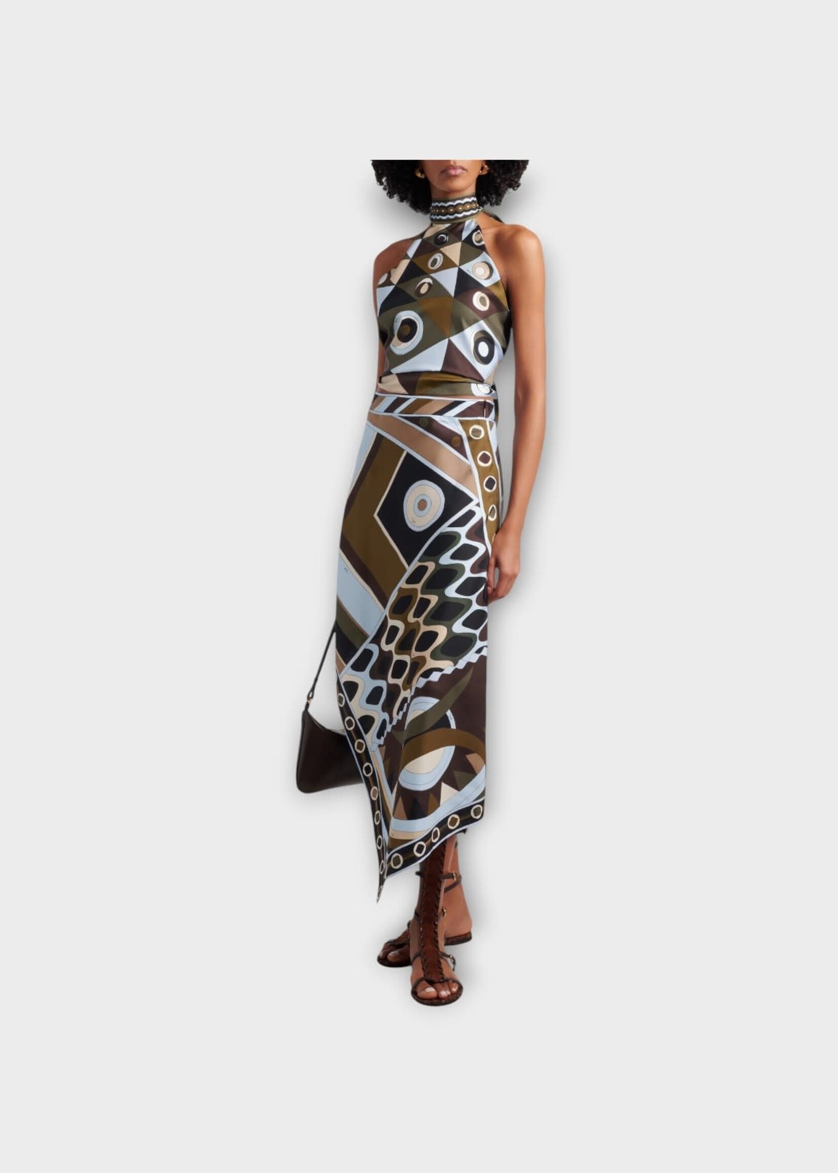 Pucci Pucci Top, Multi, Silk Halter Top In Khaki & Blue w/ Occhi Print