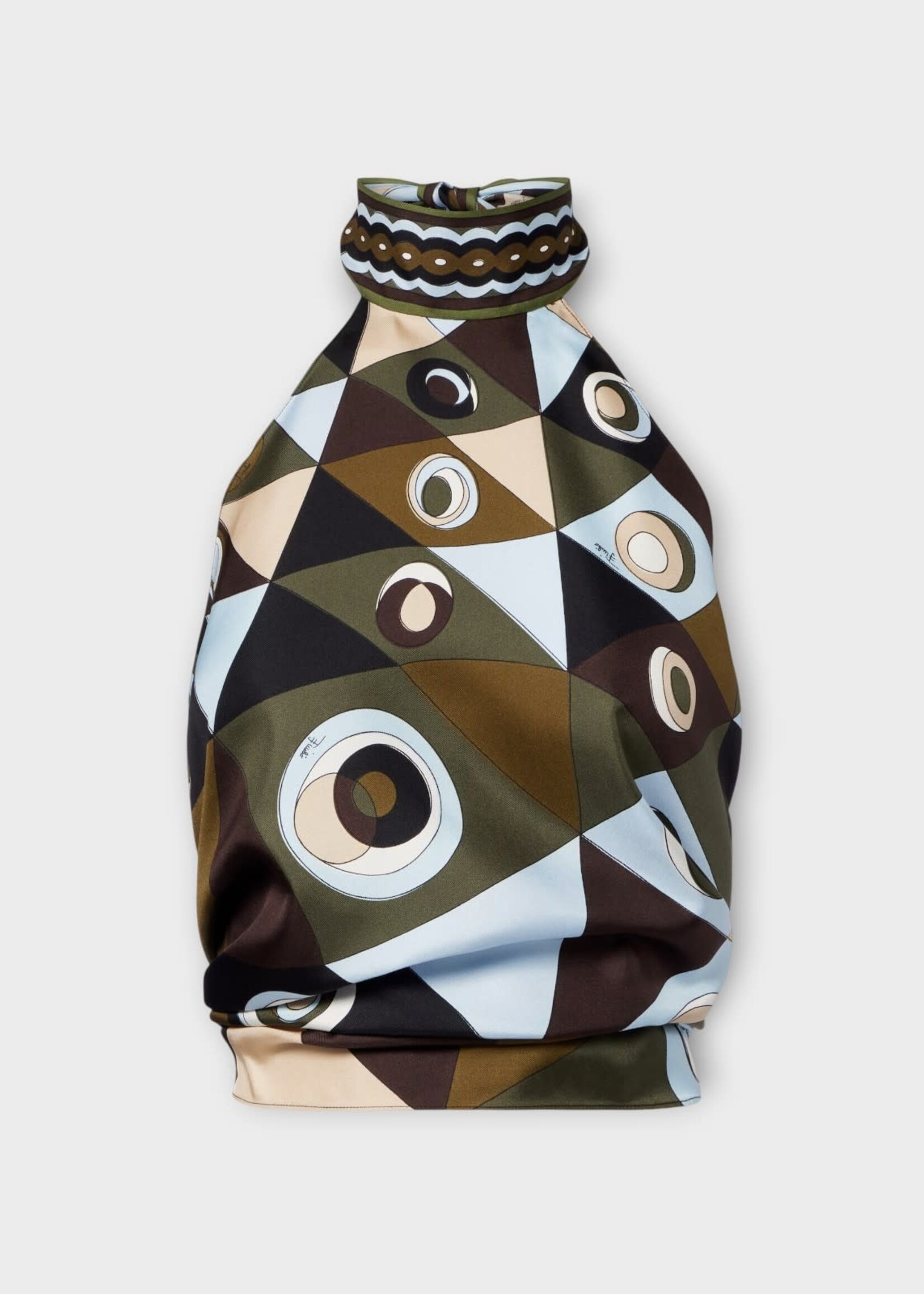 Pucci Pucci Top, Multi, Silk Halter Top In Khaki & Blue w/ Occhi Print