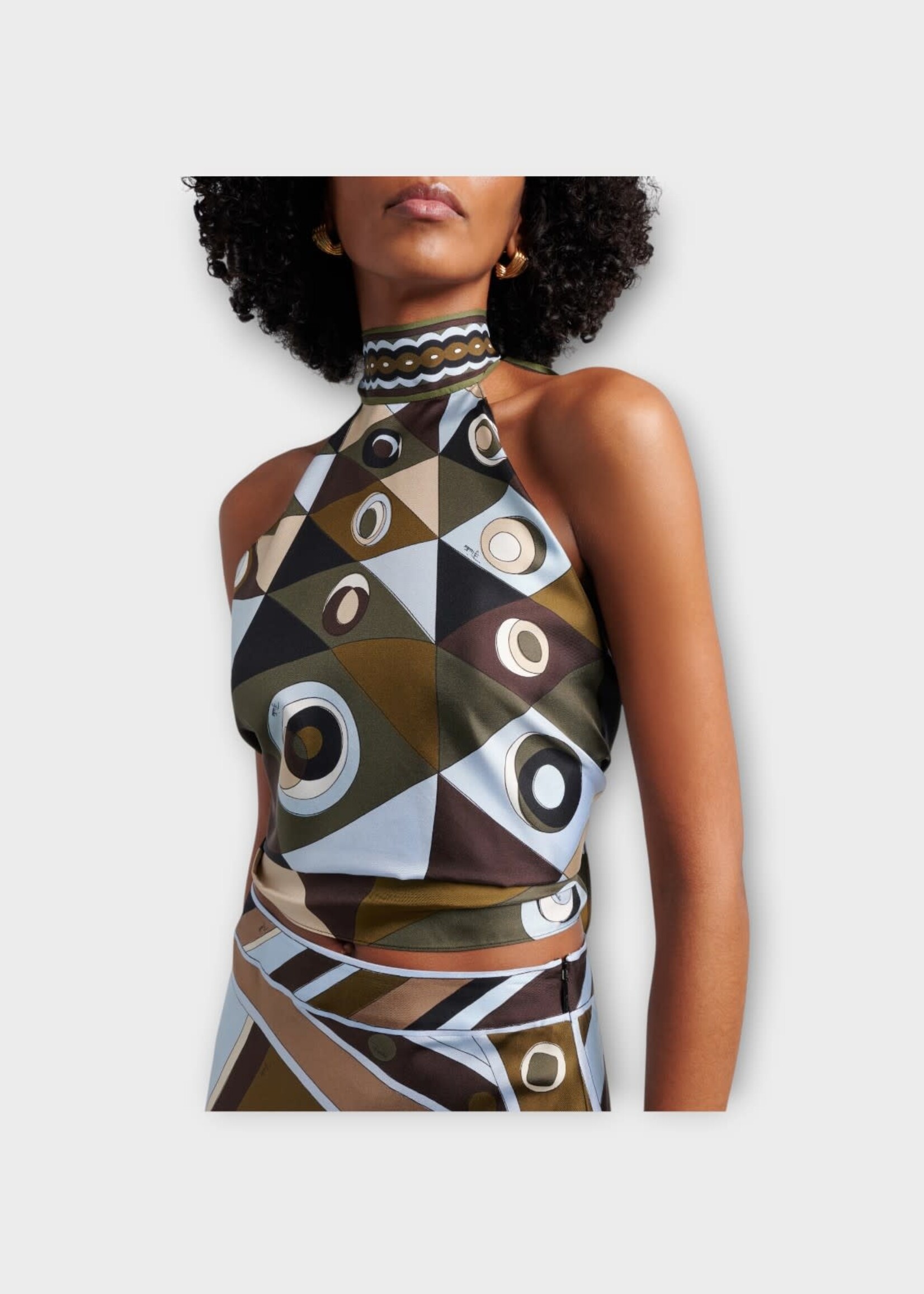 Pucci Pucci Top, Multi, Silk Halter Top In Khaki & Blue w/ Occhi Print