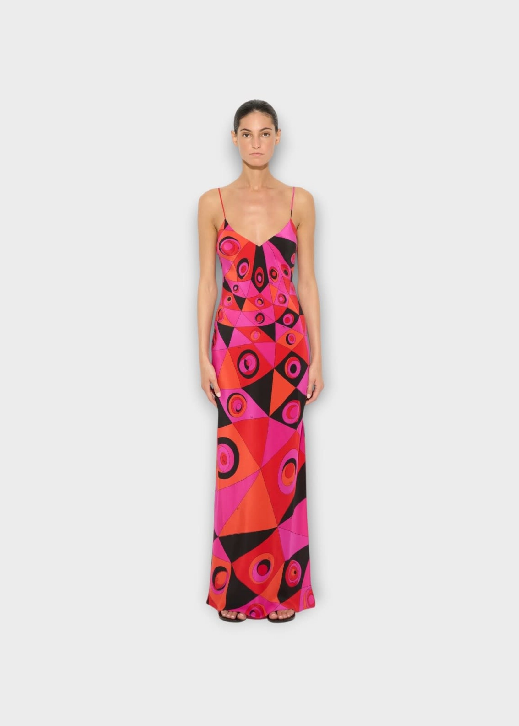 Pucci Pucci Dress, Print, Silk V-Neck Sleeveless Long Dress In Fuchsia & Black w/ Occhi Print