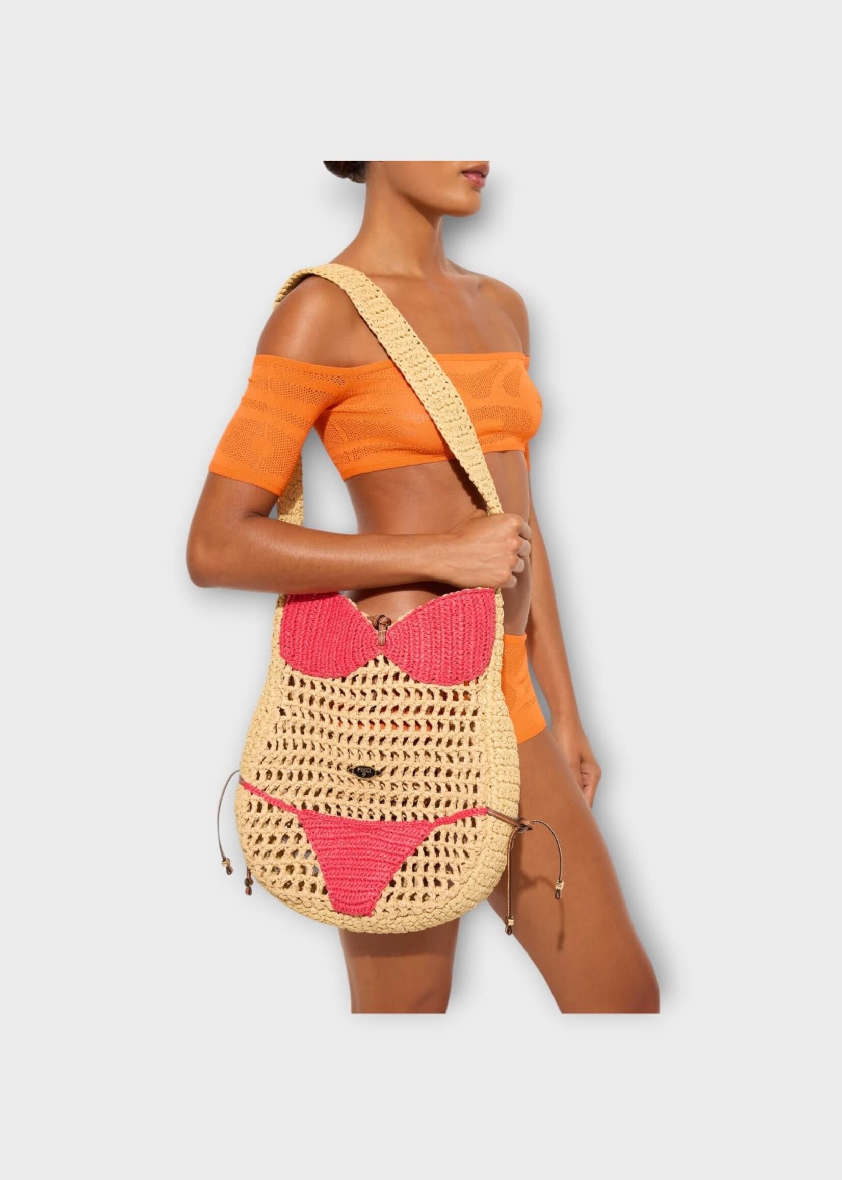 Pucci Pucci Bag, Print, Puccinella Raffia Shoulder Bag In Natural & Pink