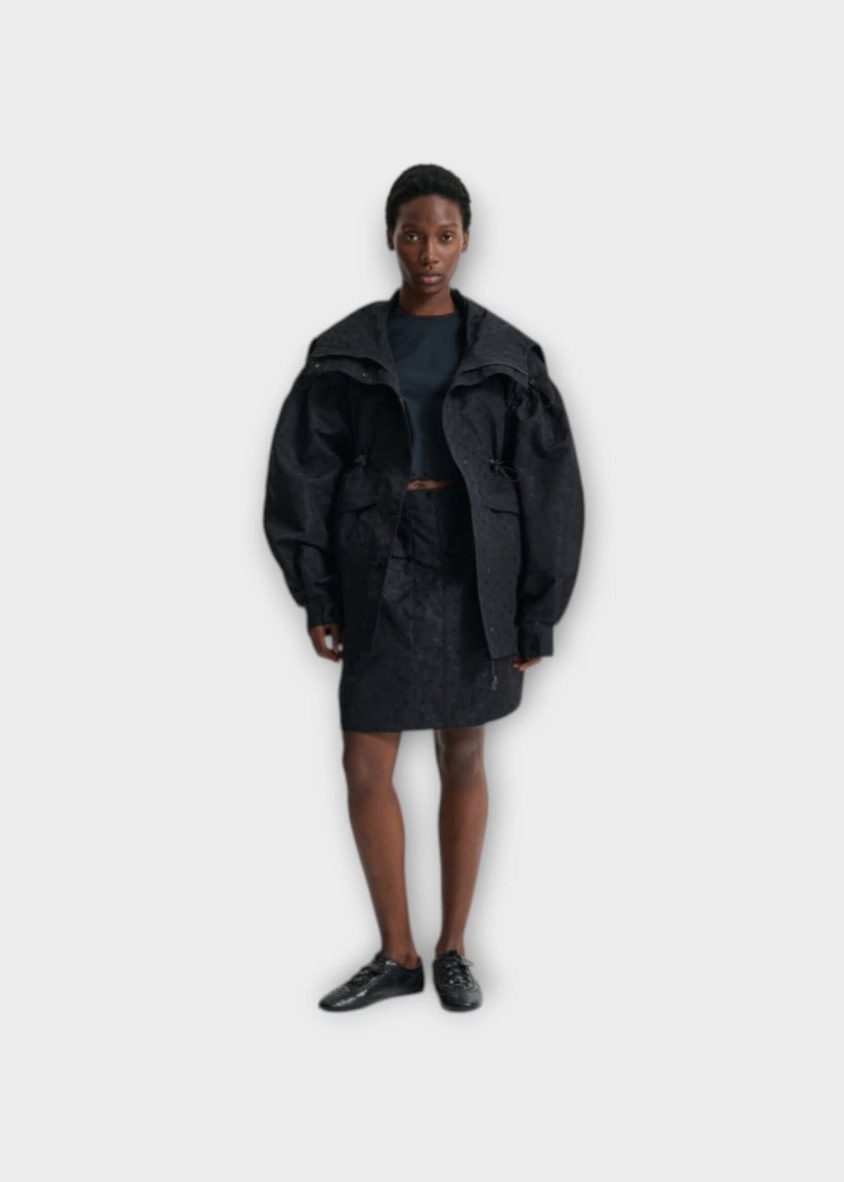 Cecilie Bahnsen Cecilie Bahnsen Jacket, Black, Cbdennon Jacquard Hooded Anorak Jacket In Black w/ Drawstring Waist