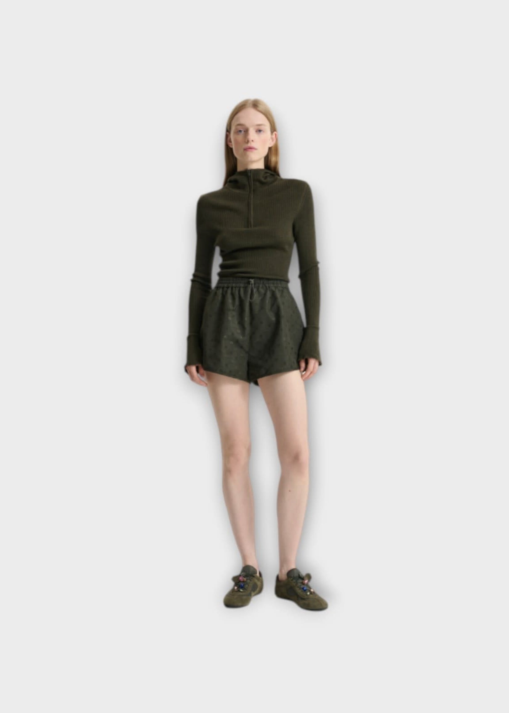 Cecilie Bahnsen Cecilie Bahnsen Shorts, Green, Cbdahana Elastic Waist Iris Jacquard Shorts In Olive w/ Curved Hem