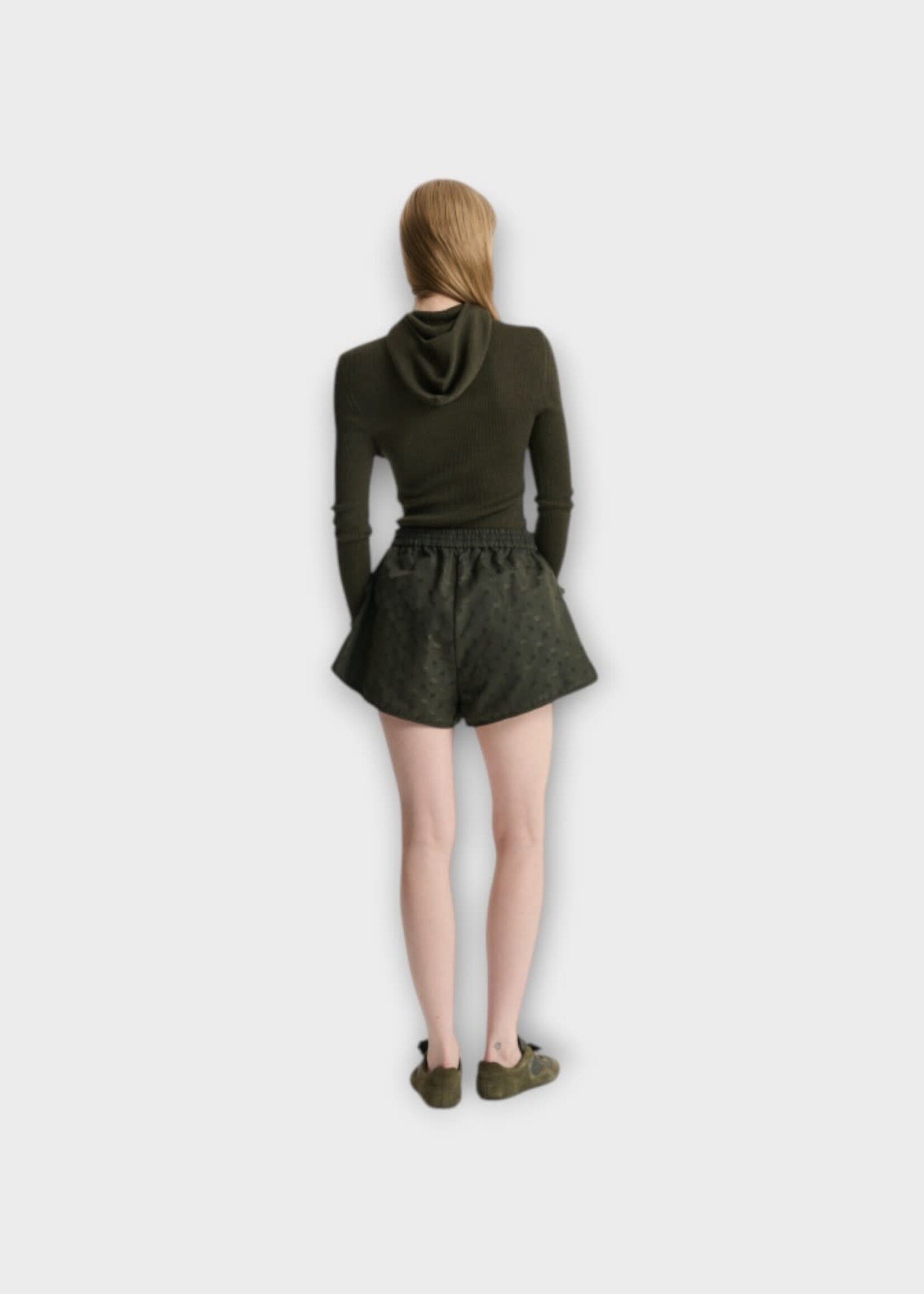 Cecilie Bahnsen Cecilie Bahnsen Shorts, Green, Cbdahana Elastic Waist Iris Jacquard Shorts In Olive w/ Curved Hem