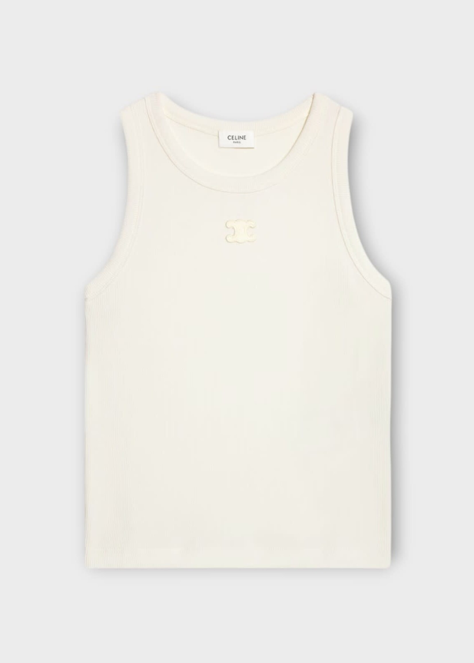 Celine Celine Top, White, Ribbed Cotton & Silk Tank Top In Off White w/ Logo Embroidery