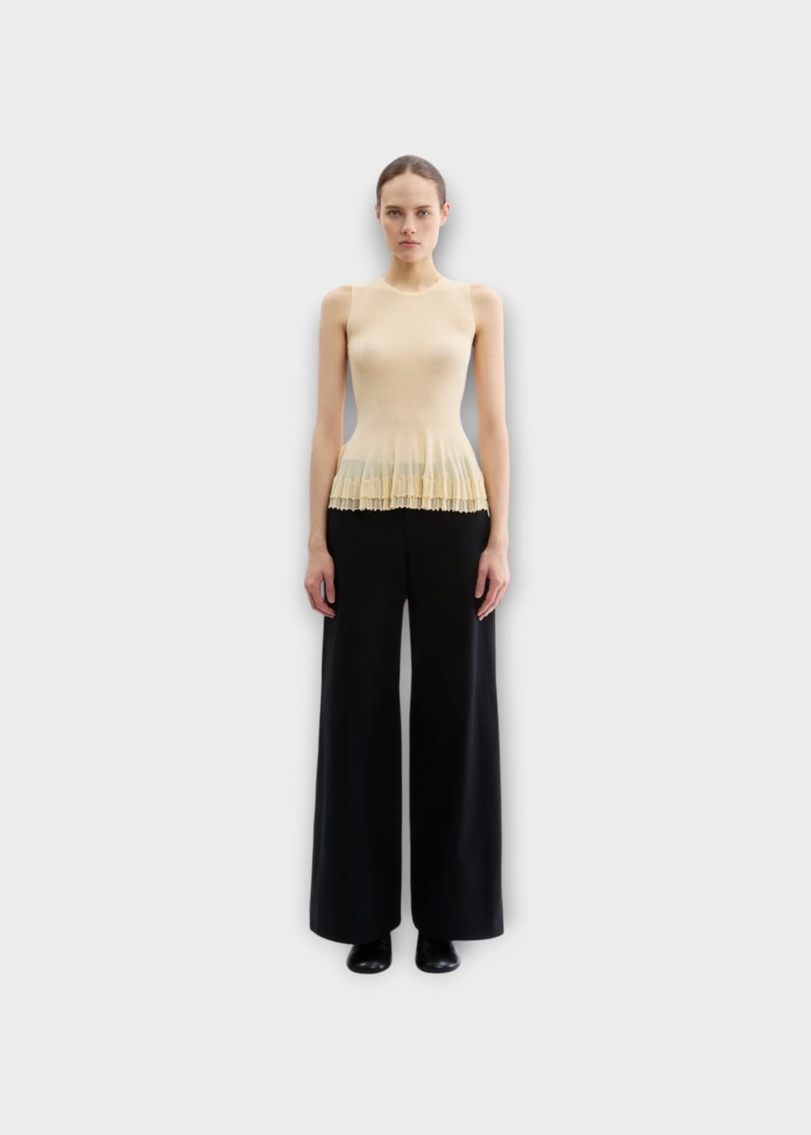 Ashlyn Ashlyn Top, Yellow, Bennett Crew Neck Sleeveless Peplum Top In Cream w/ Ruffles