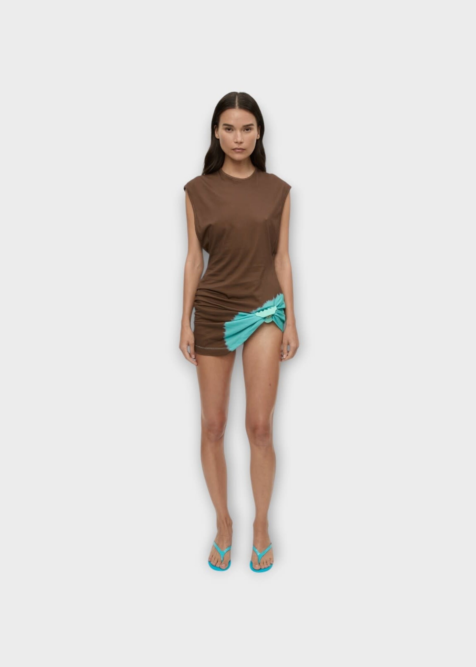 Christopher Esber Christopher Esber Dress, Print, Cotton Jersey Snap Clip Tie Dye Tank Dress In Husk Brown & Mineral Turquoise