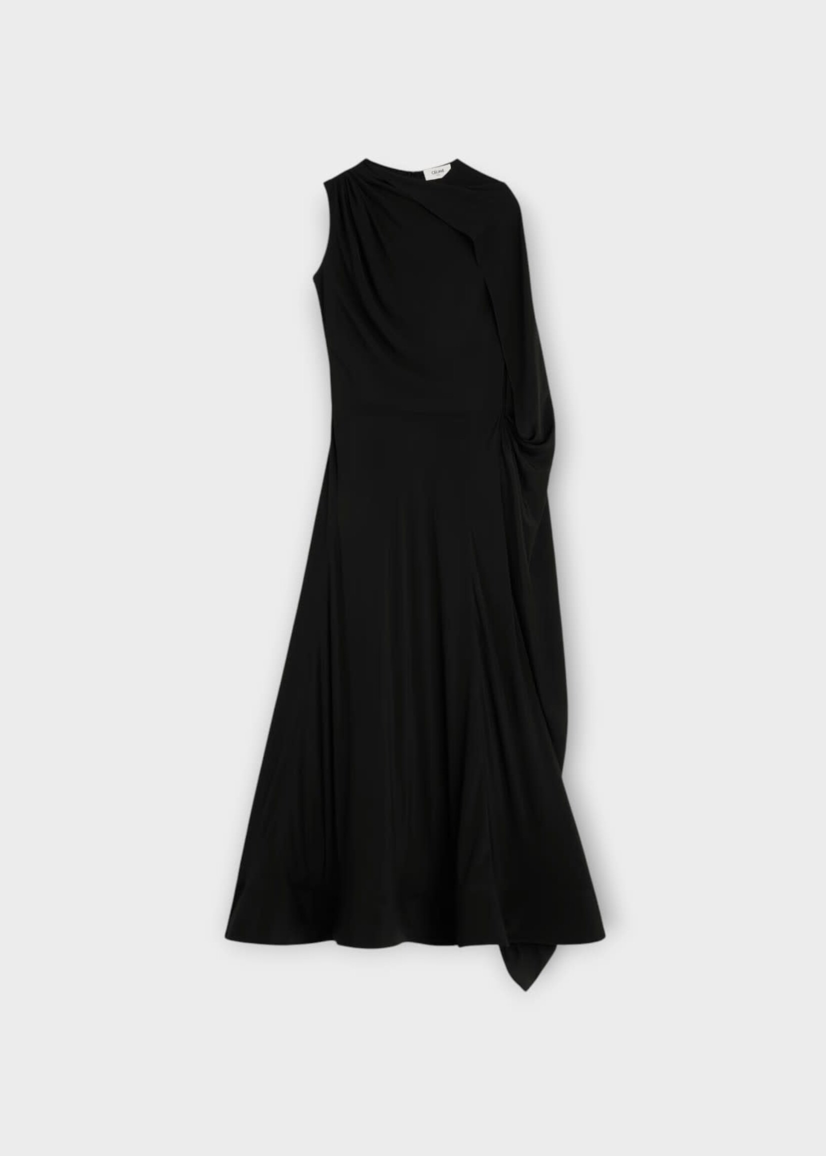 Celine Celine Dress, Black, Silk Crepe Mix Asymmetric Draped Long  Dress In Ultra Black